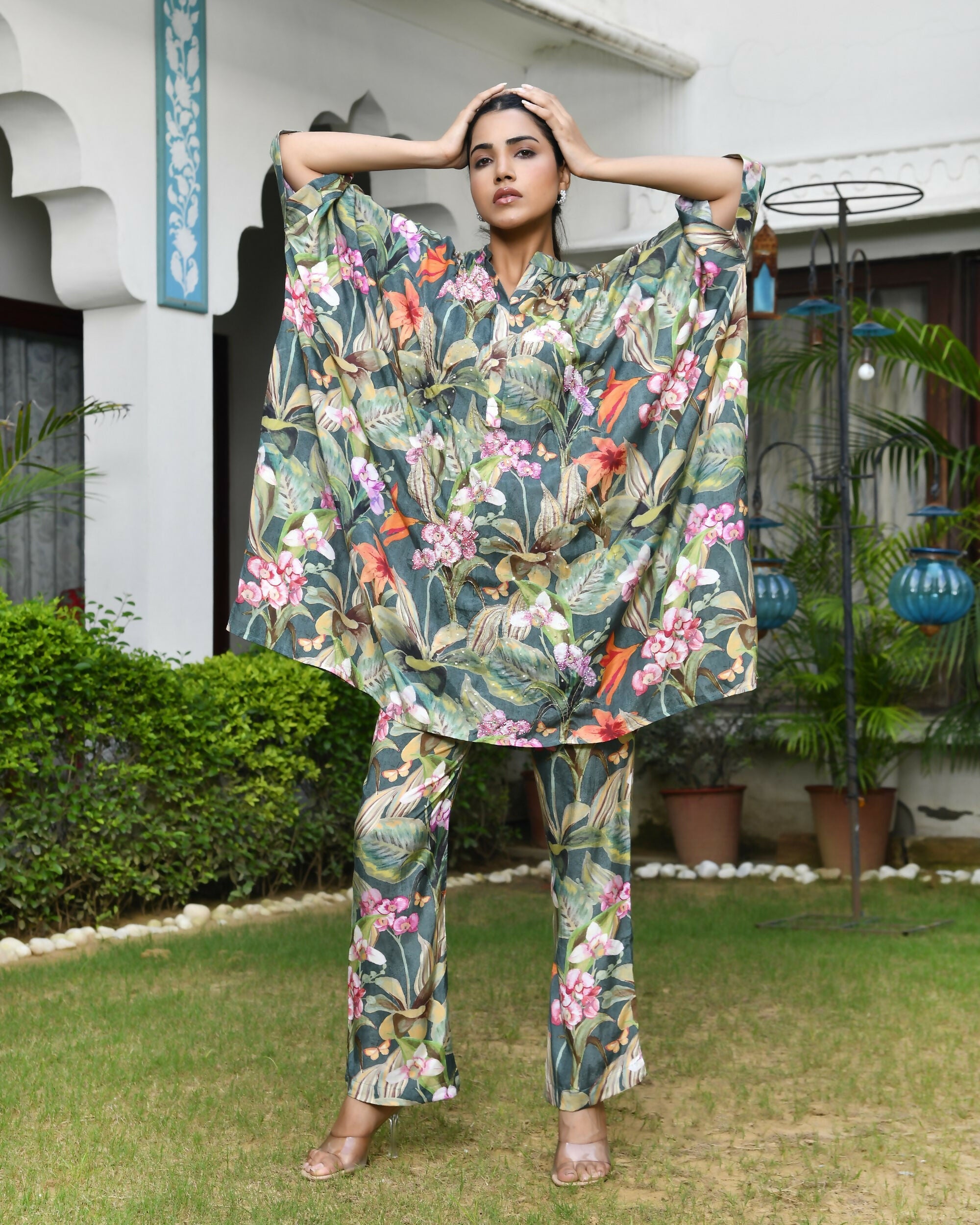 Vaasva Women's Dark Green Musline Viscose Digital Printed Kaftan Pant Set