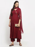 Rudra Bazaar Wine Angrakha Style Flared Anarkali Kurta with Pyjamas & Dupatta