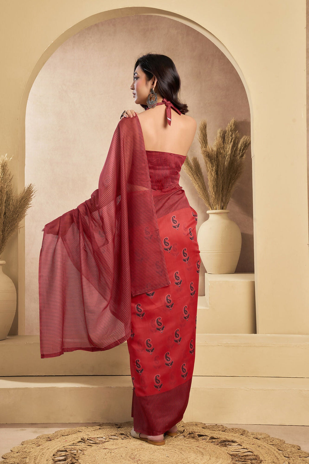 Vastranavya Rust Digital Printed Linen Ready To Wear Designer Saree with Unstitched Blouse