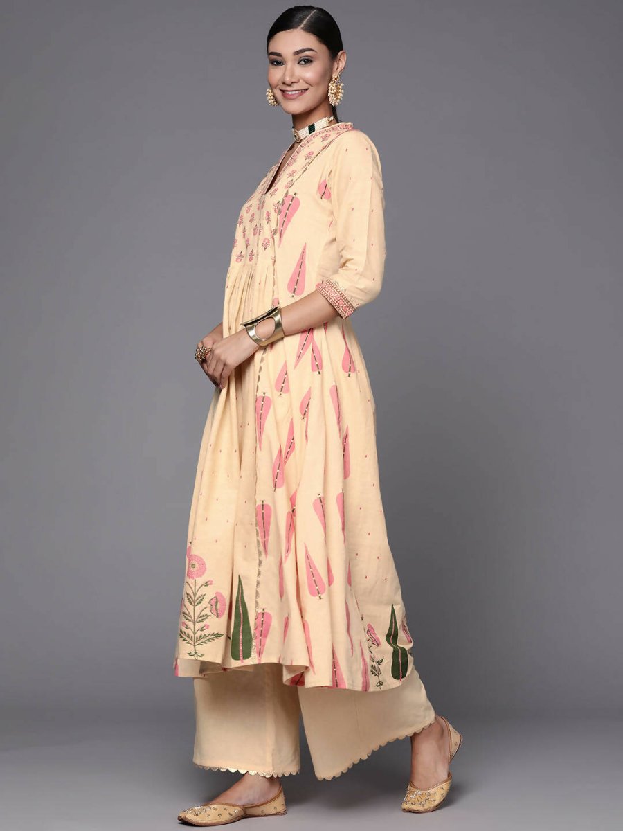 Ahalyaa Women Cream-Coloured & Pink Floral Print Pure Cotton Anarkali Kurta with Palazzos