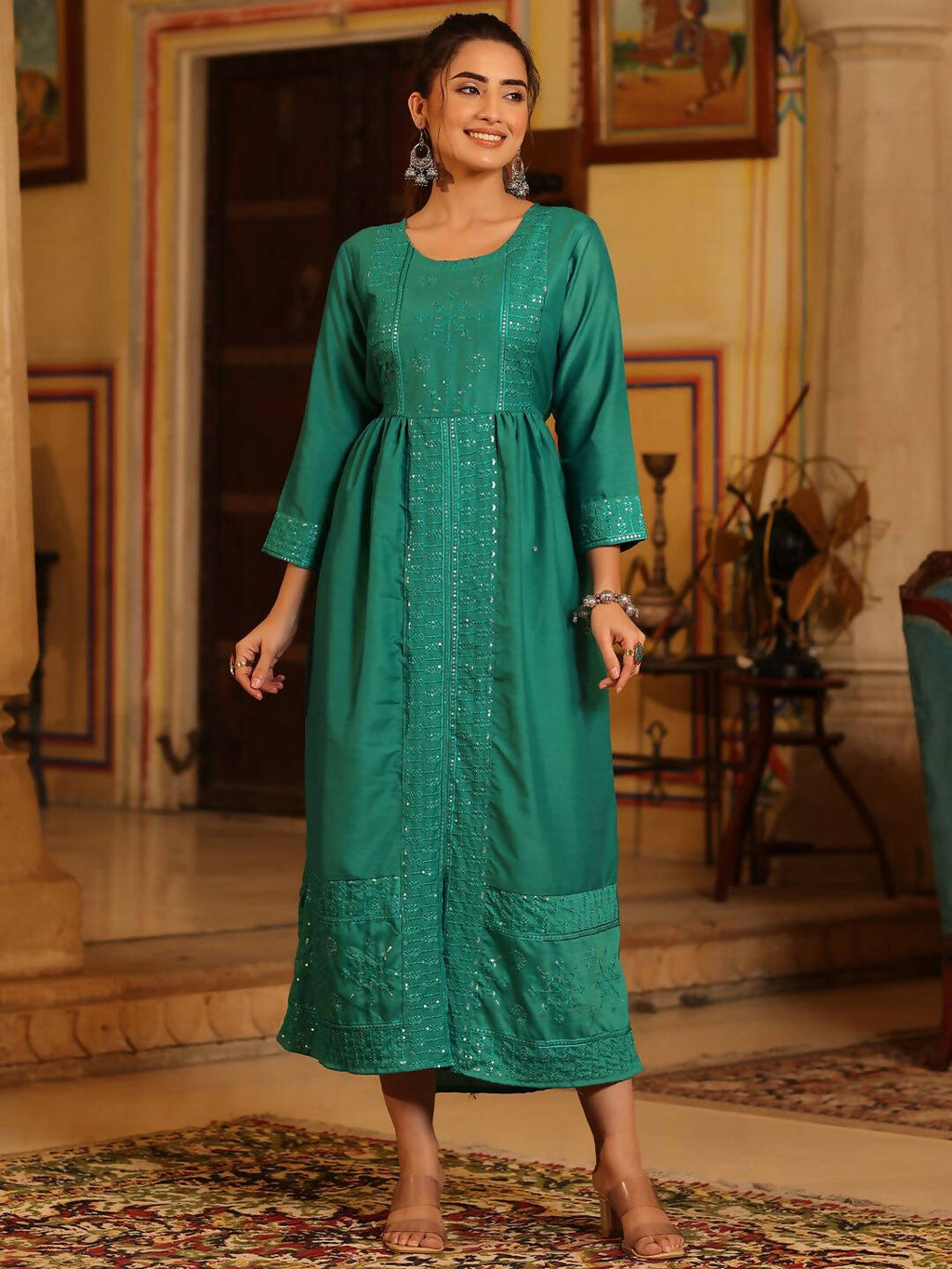 Juniper Women's Teal Festive Embroiderd Flared Dress