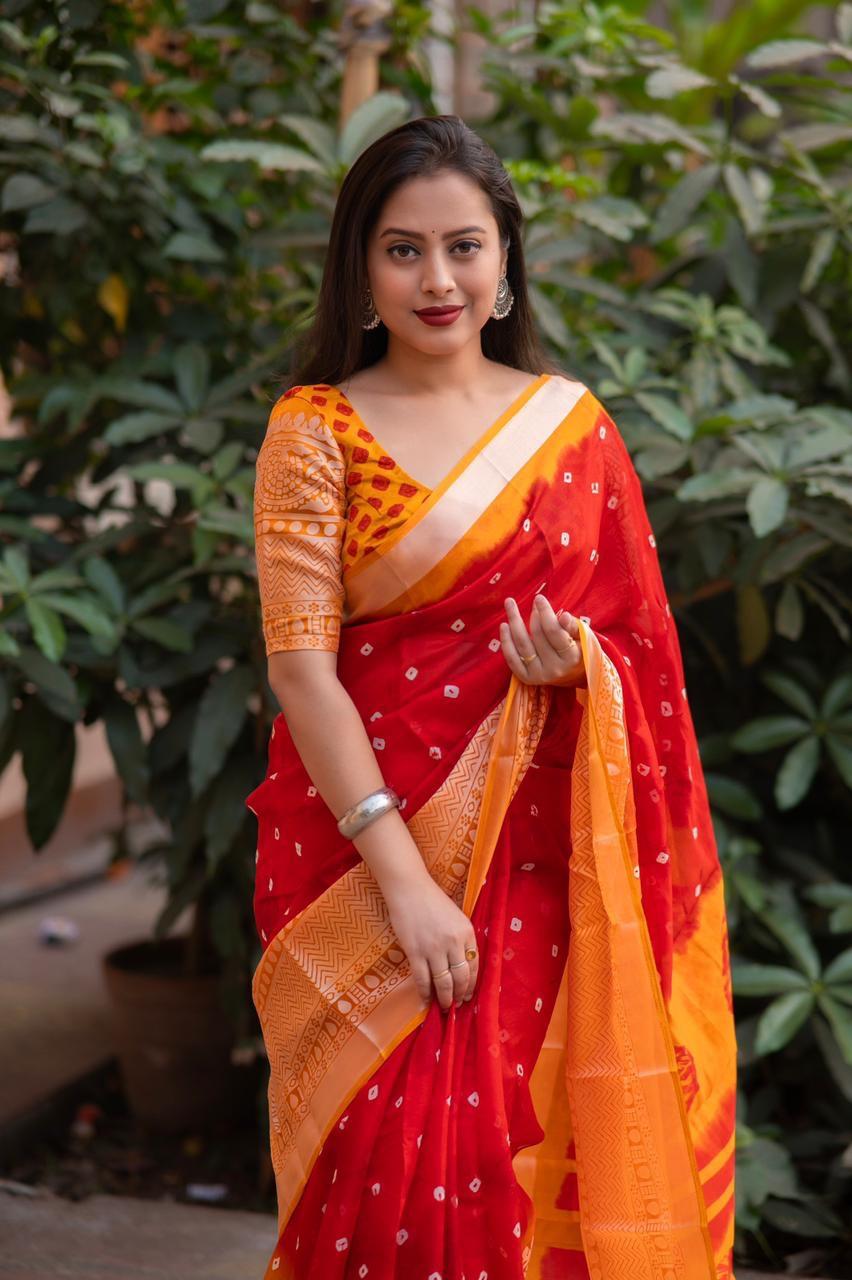 Red Jute Silk Ethnic Motifs Saree with Unstitched Blouse - Hiral Fashion
