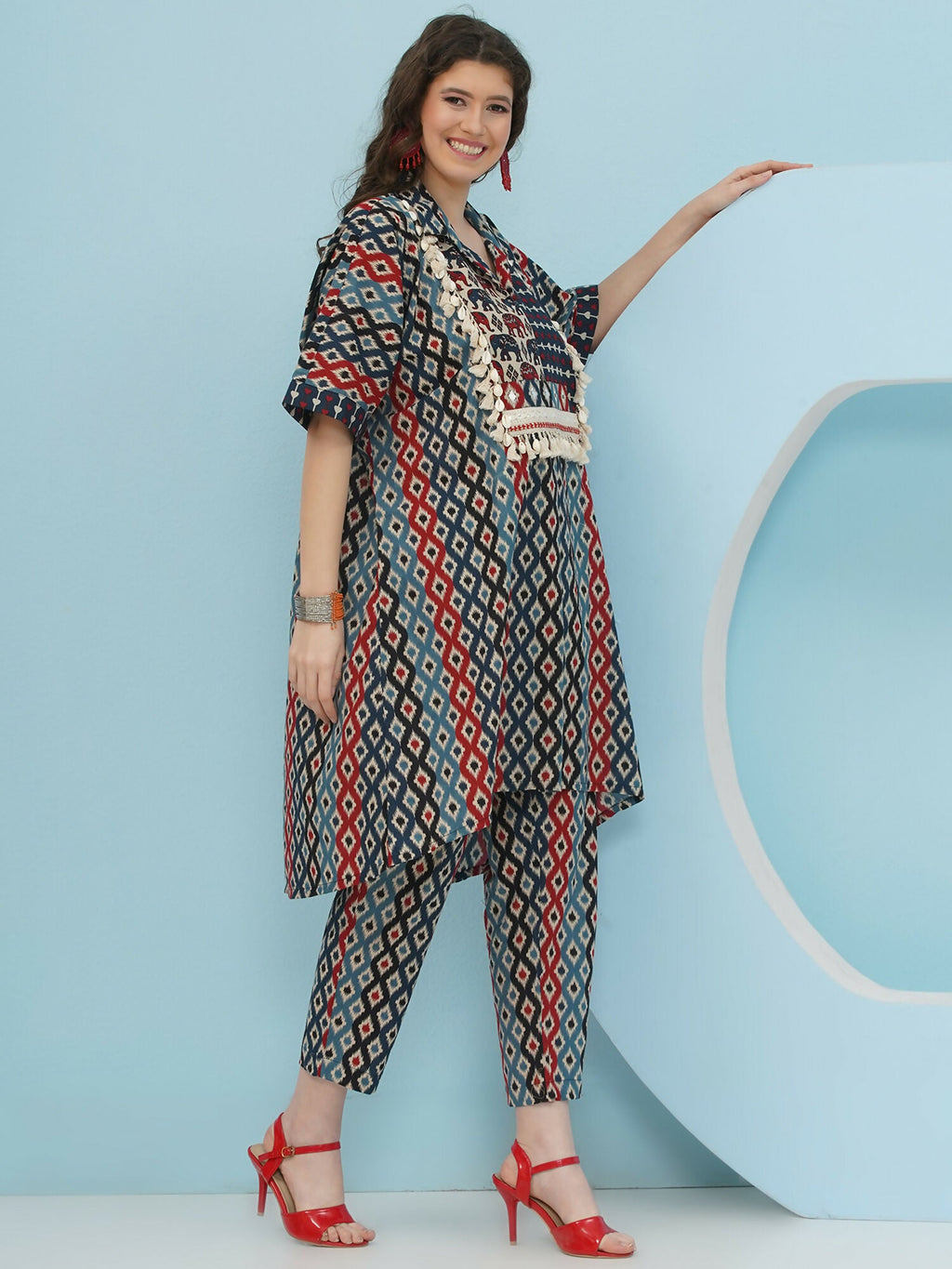 Joban Fashion Ikkat Kaftan Set - Blue Red