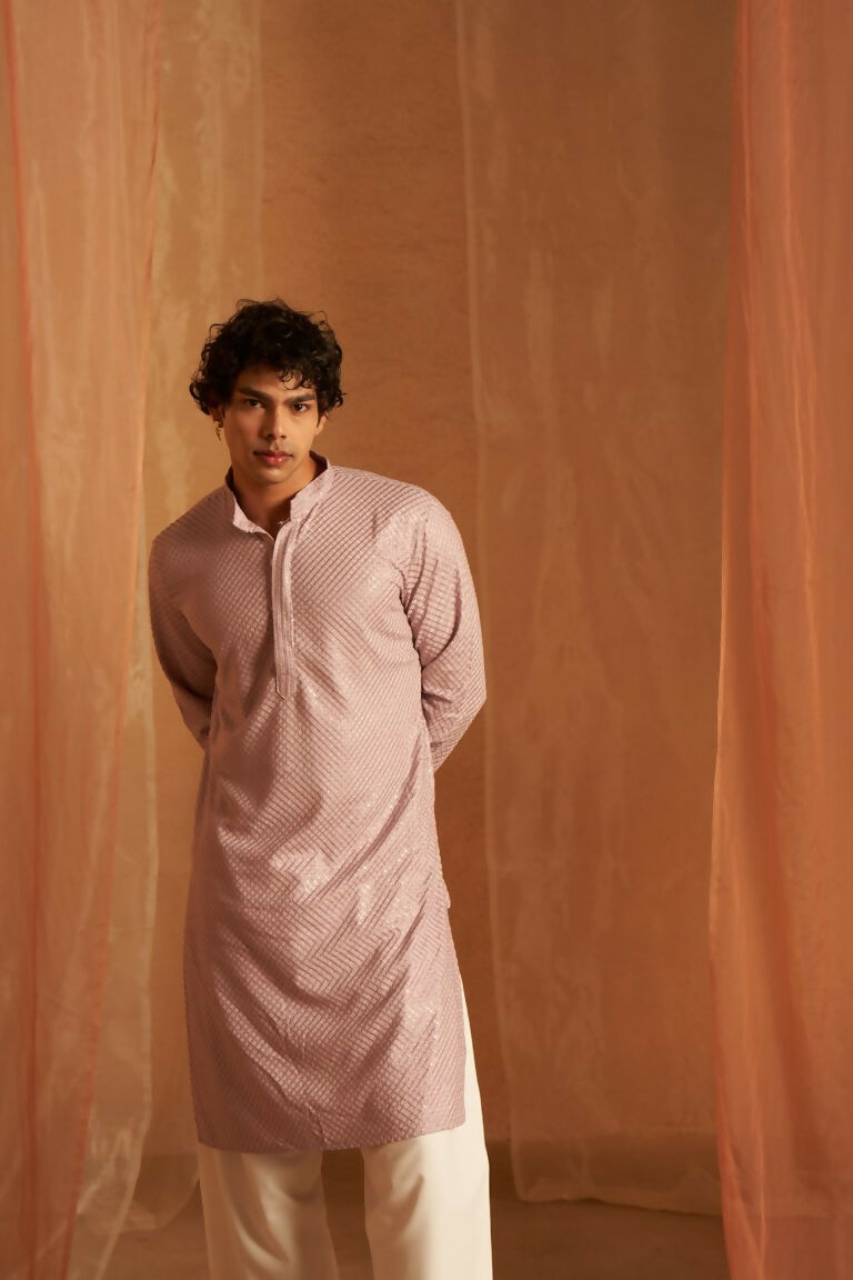 Lavender viscose Chikankari Embroidery Work Men's Traditional Kurta Set - Mahotsav