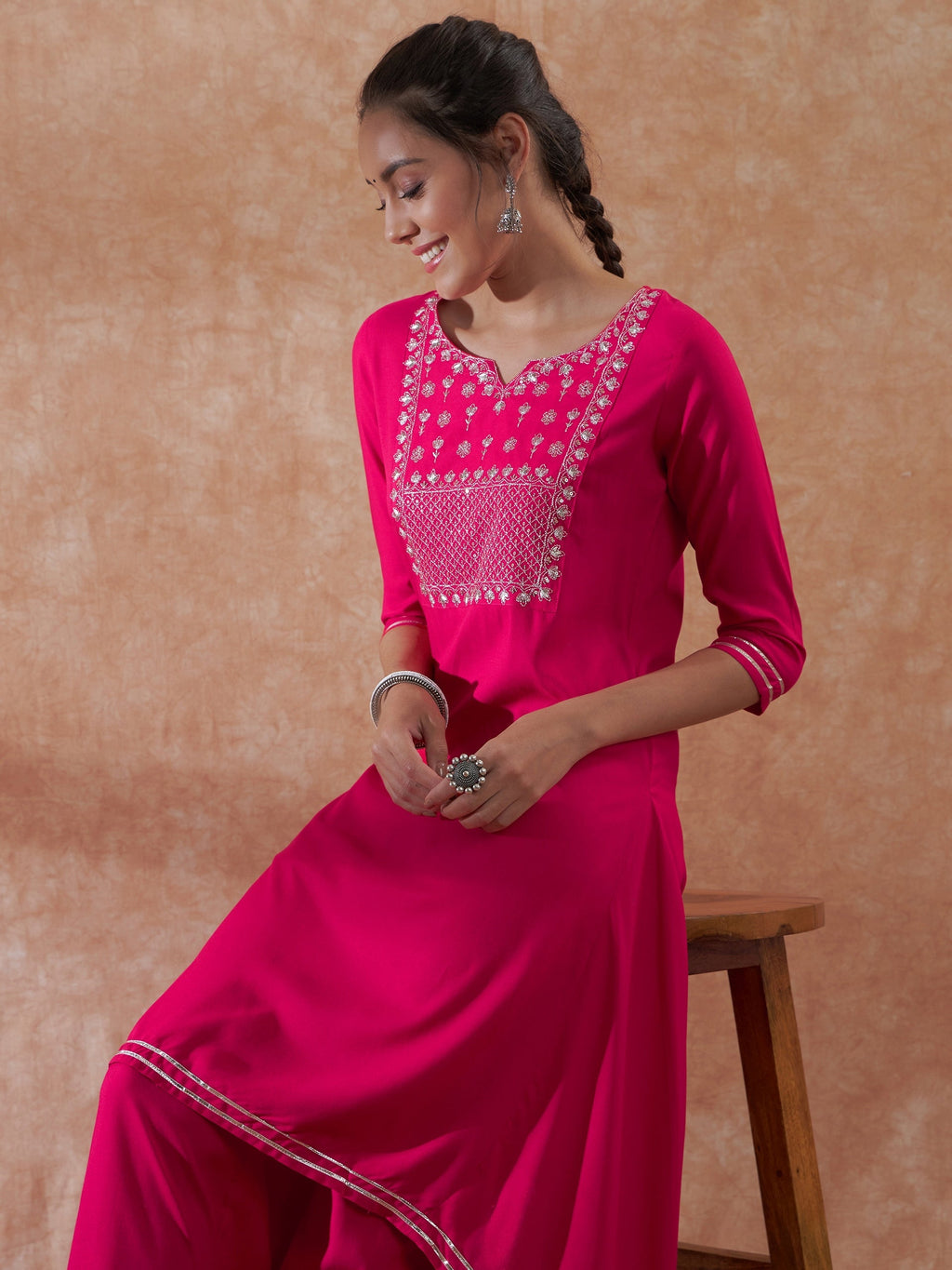 InWeave Women's Magenta Emb Assymetrical Kurta Pant Set