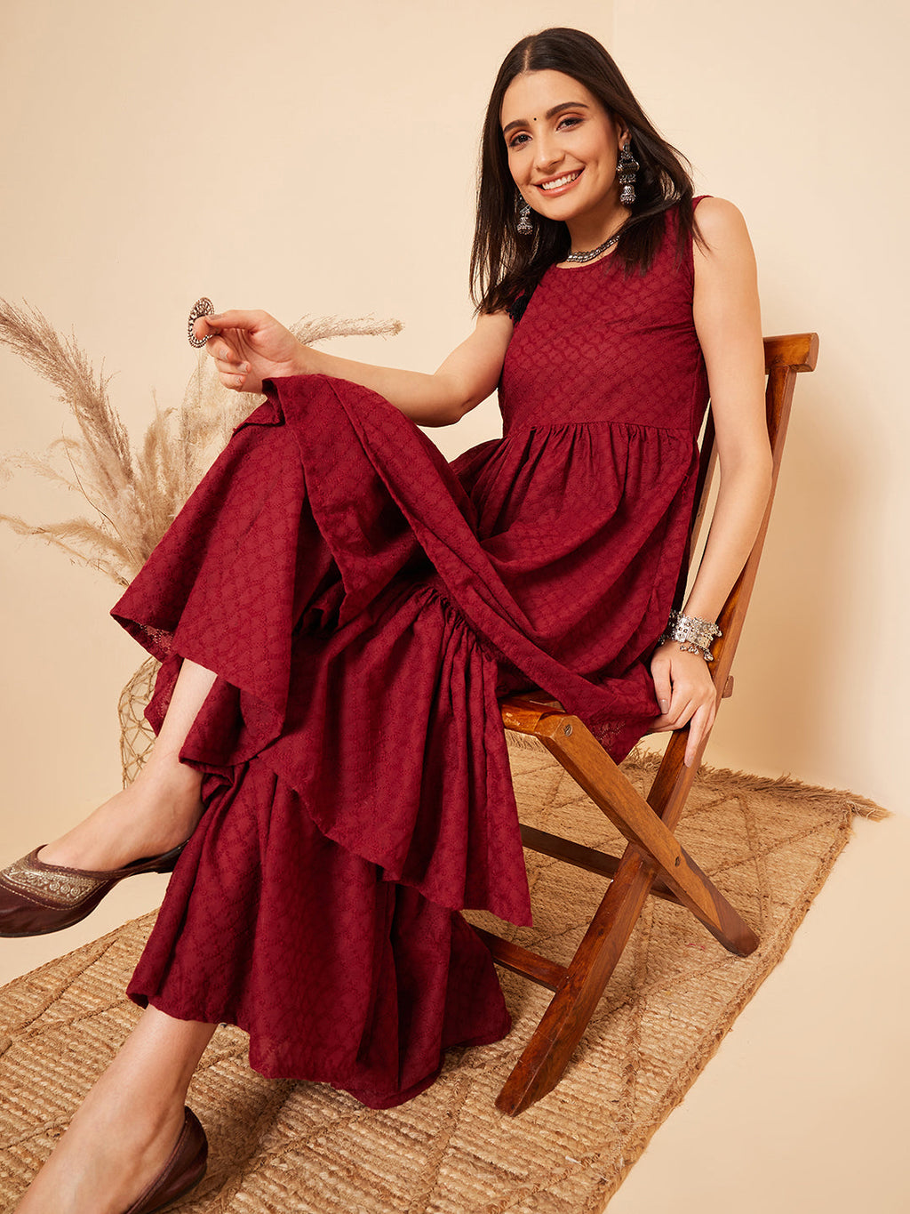 InWeave Women's Carmine Maroon Lace Work Double Layer Sharara Set