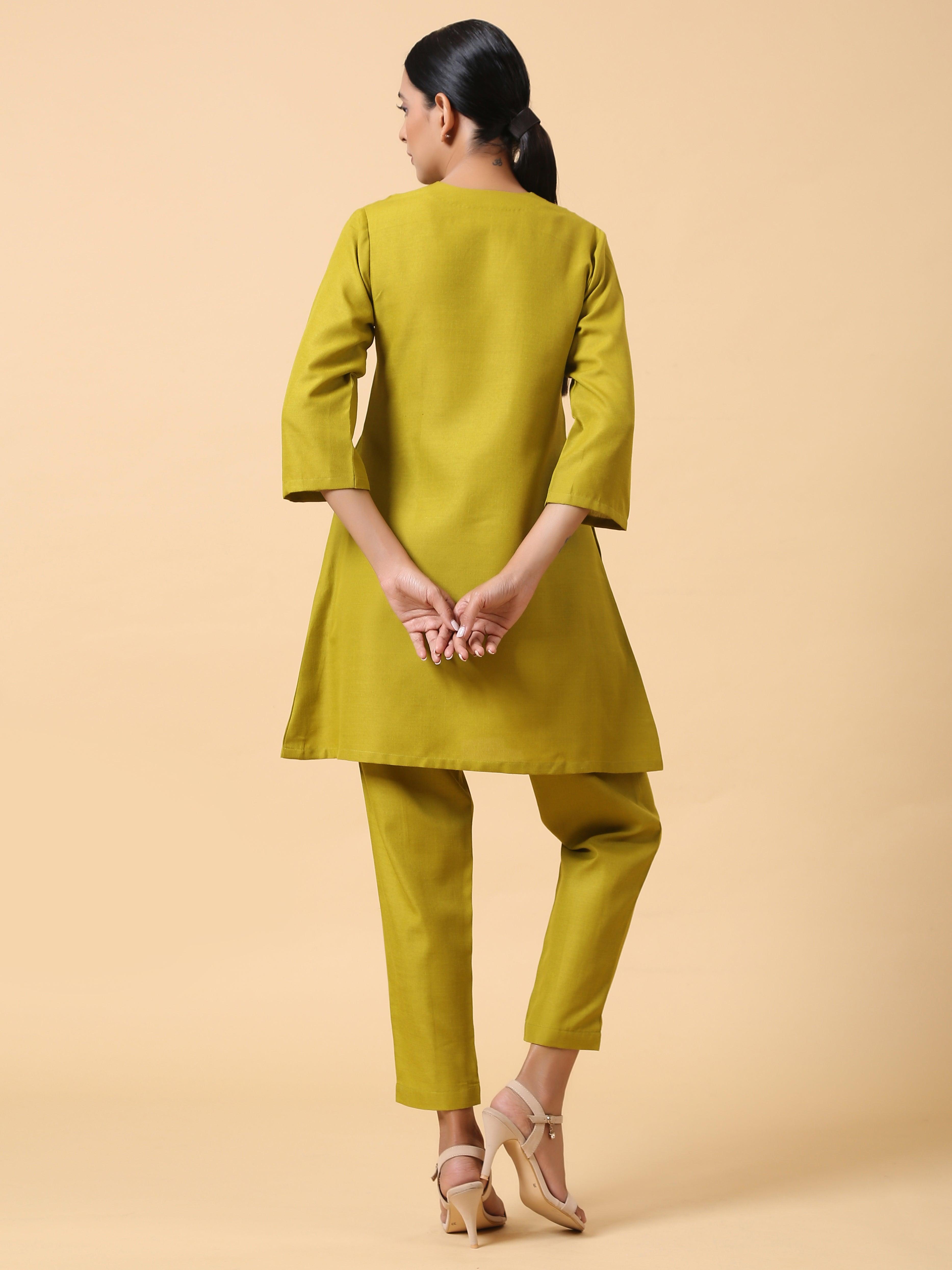 trueBrowns Cotton Linen Lime Green Pleated Co-Ord Set | Relove