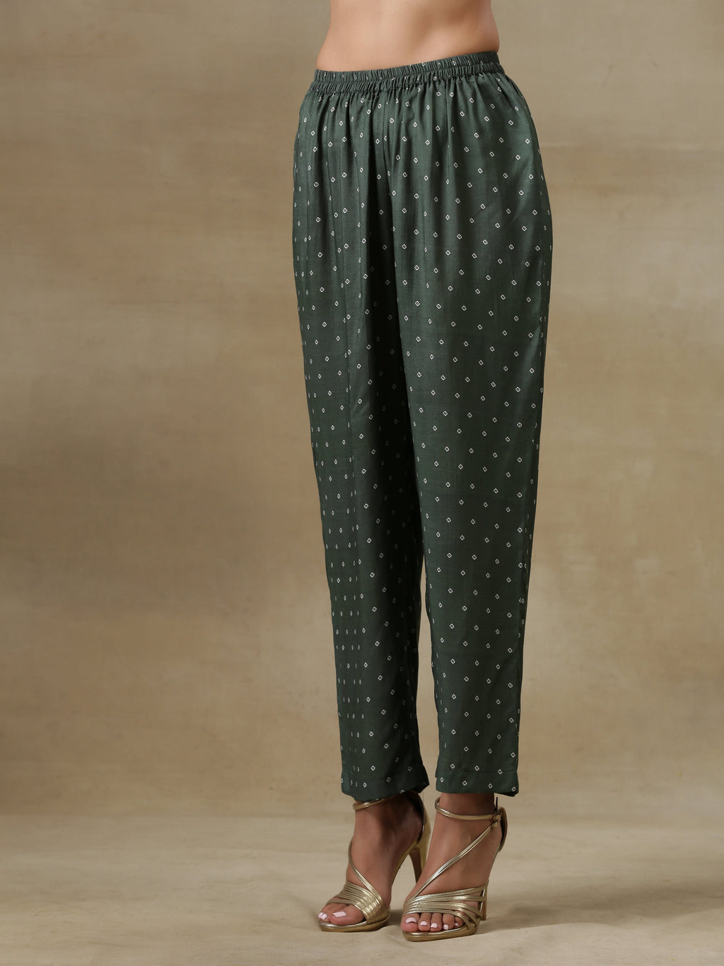 trueBrowns Dark Green Bandhani Printed Silk Angrakha Kurta Pant Set