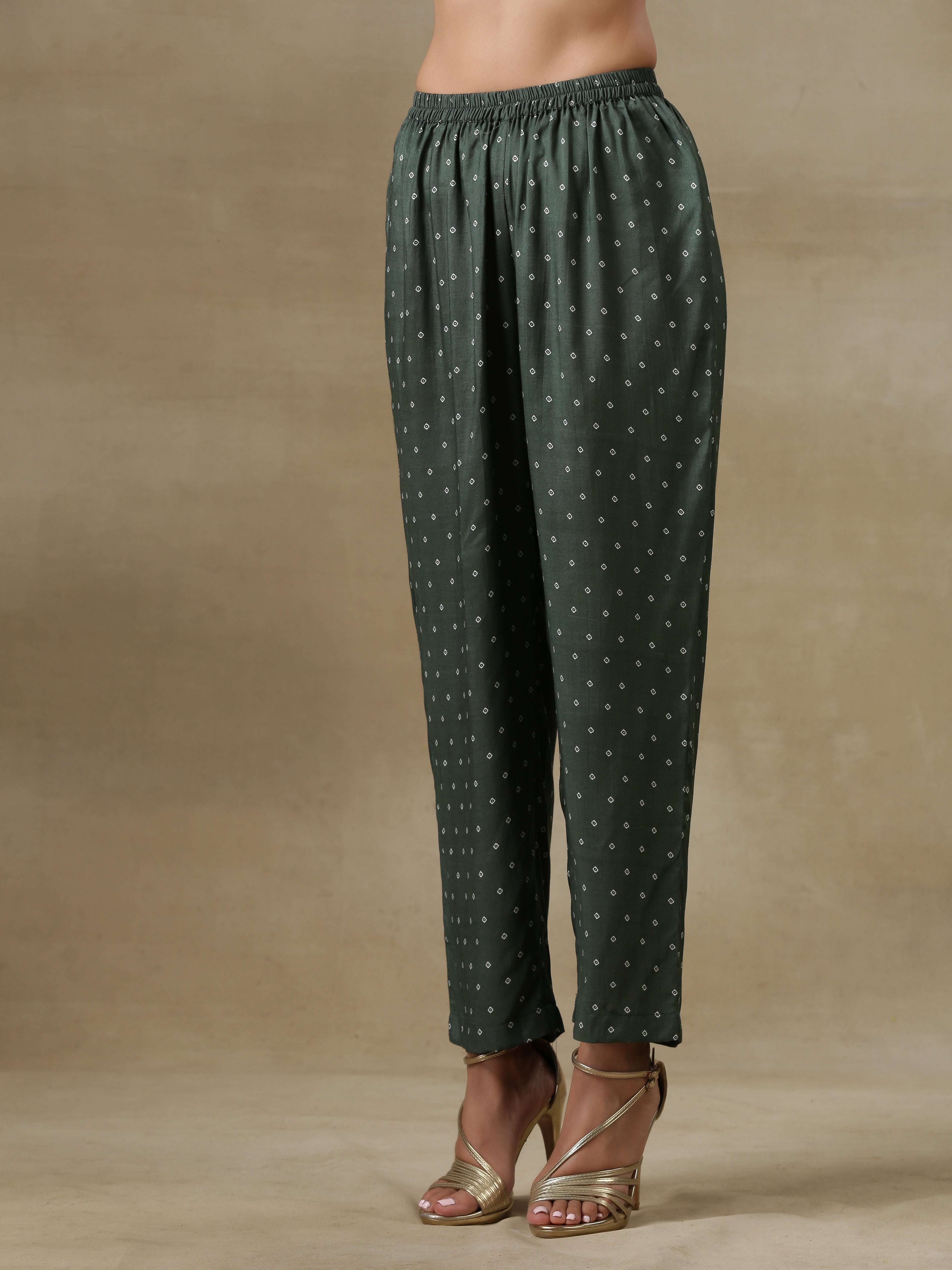 trueBrowns Dark Green Bandhani Printed Silk Angrakha Kurta Pant Set