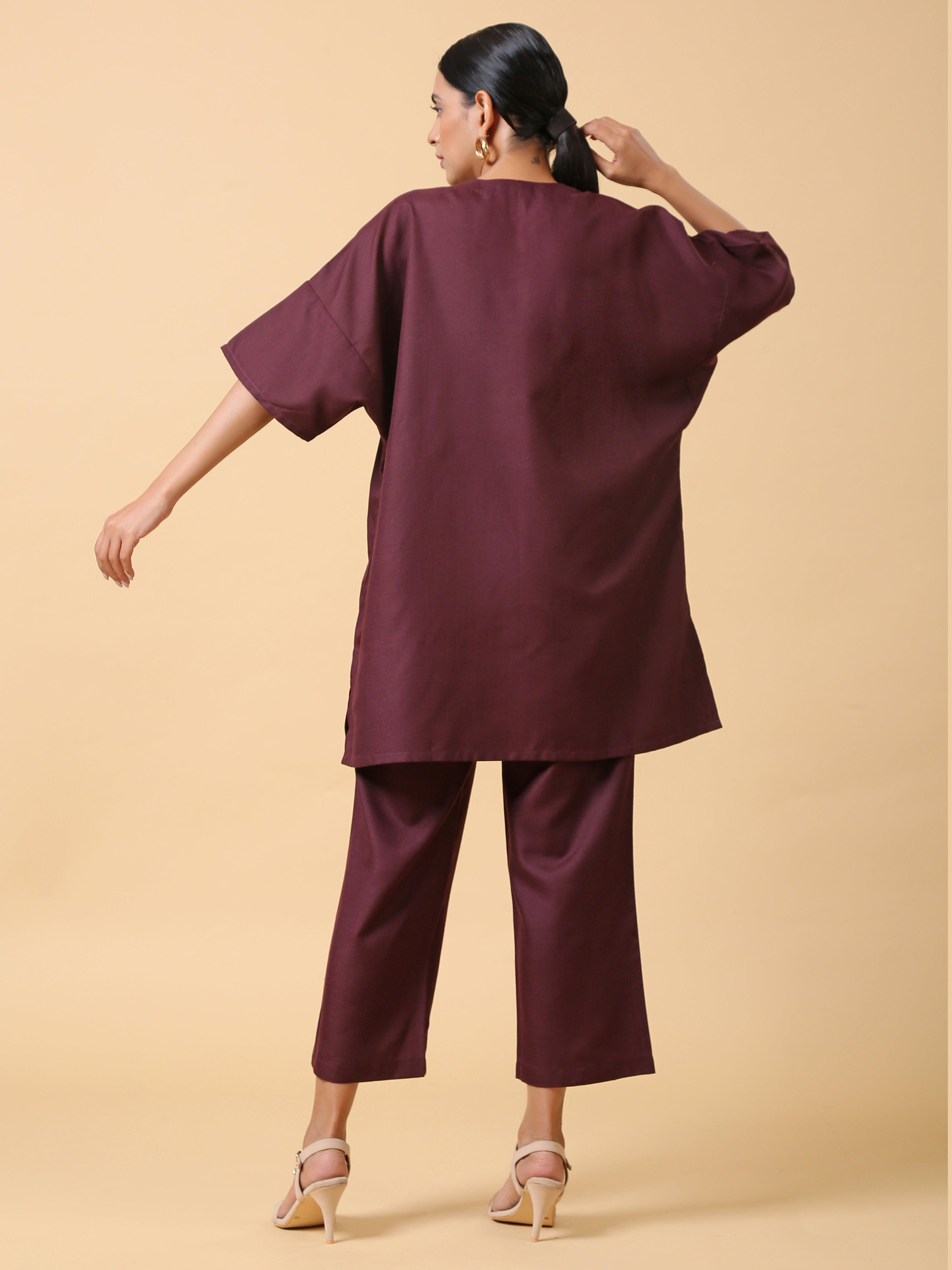 trueBrowns Cotton Linen Purple Boxy Fit Co-Ord Set