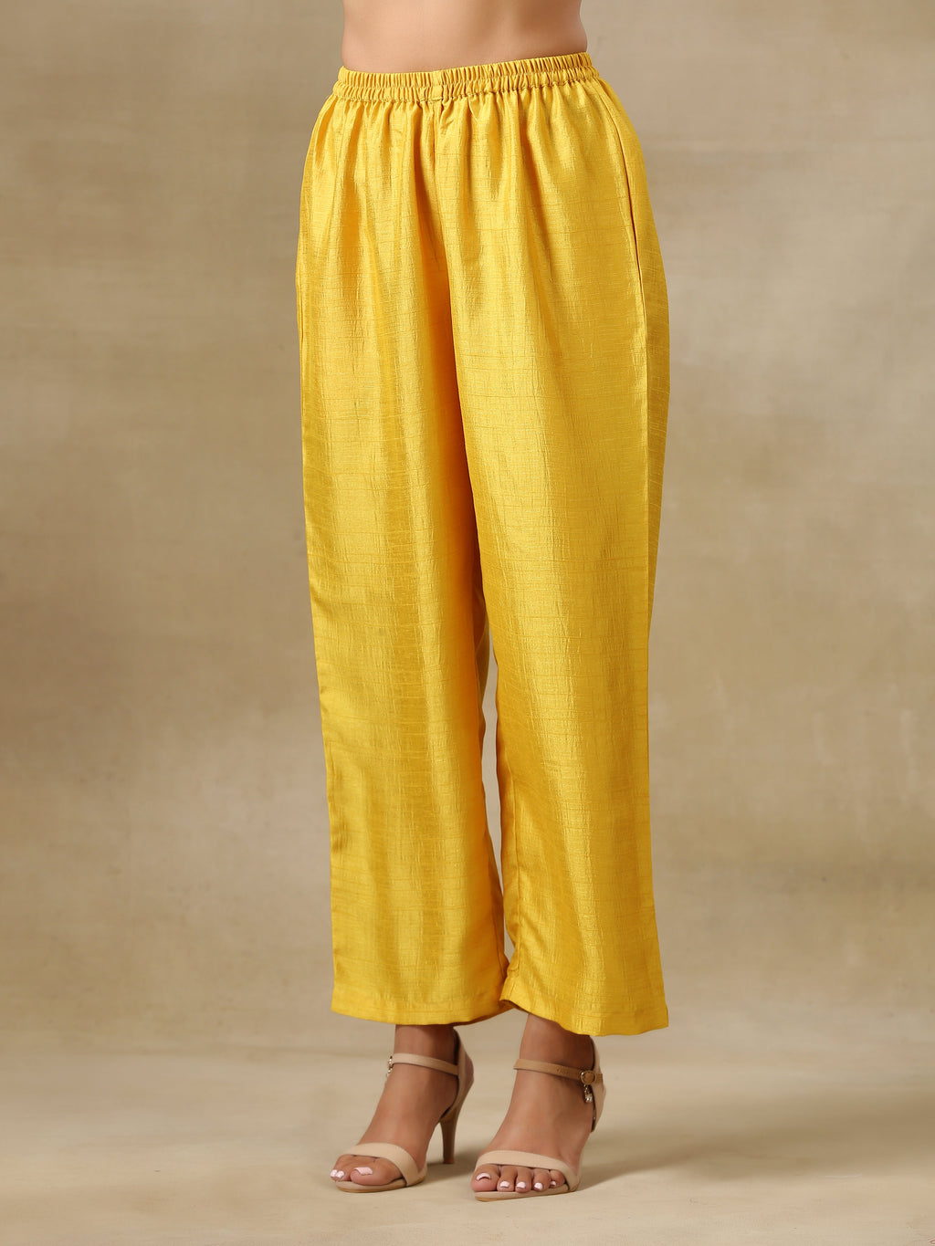 trueBrowns Yellow Textured Silk High Slit Gathered Kurta Set