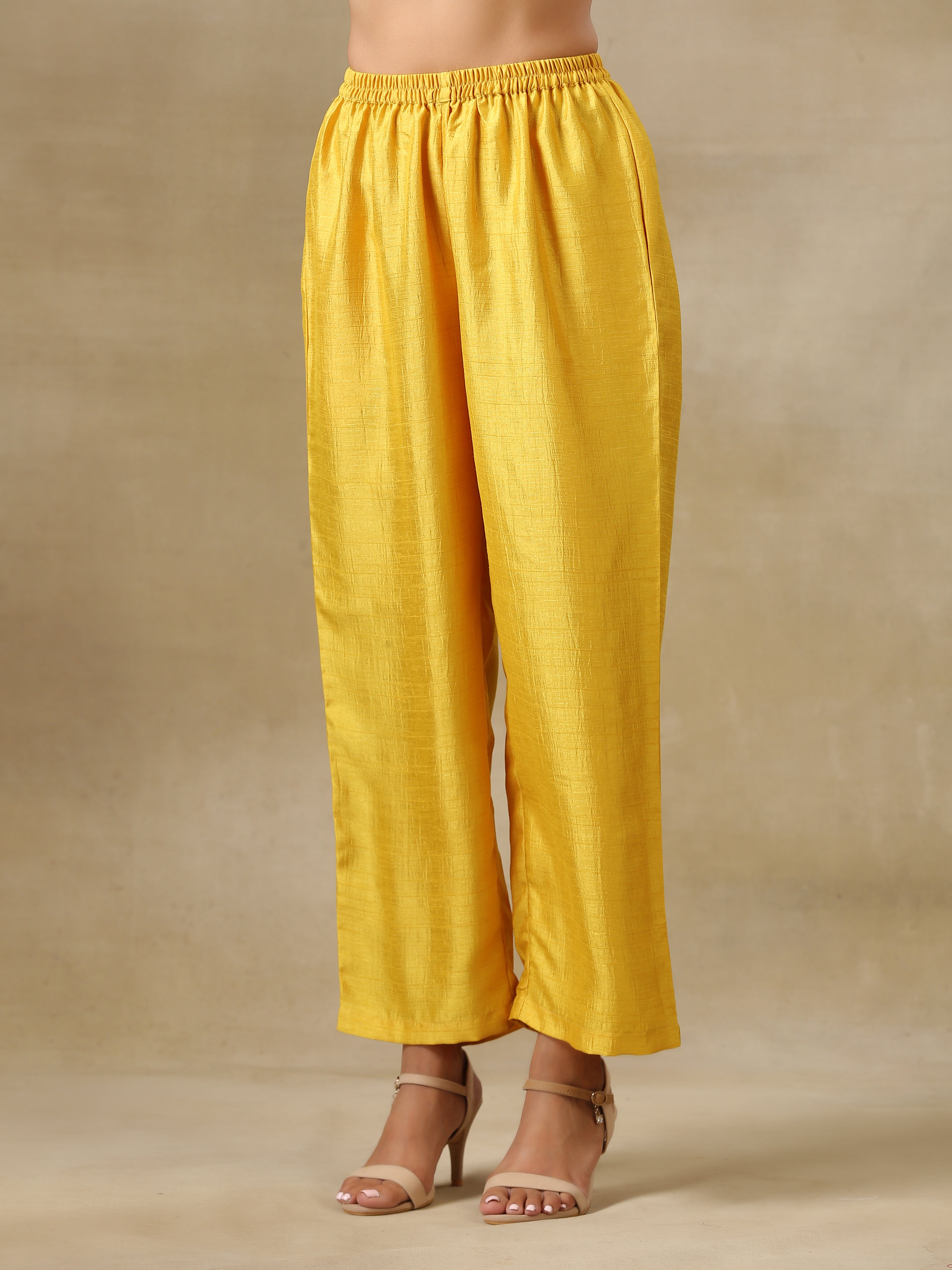 trueBrowns Yellow Textured Silk High Slit Gathered Kurta Set