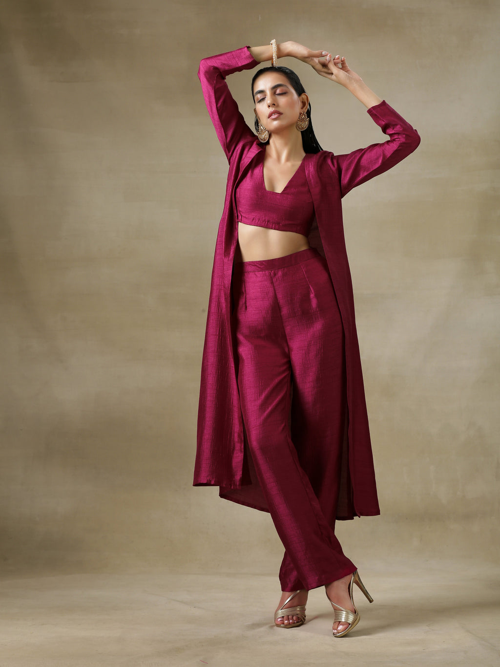 trueBrowns Purple Textured Silk Overlay Jacket Blouse Pant Set