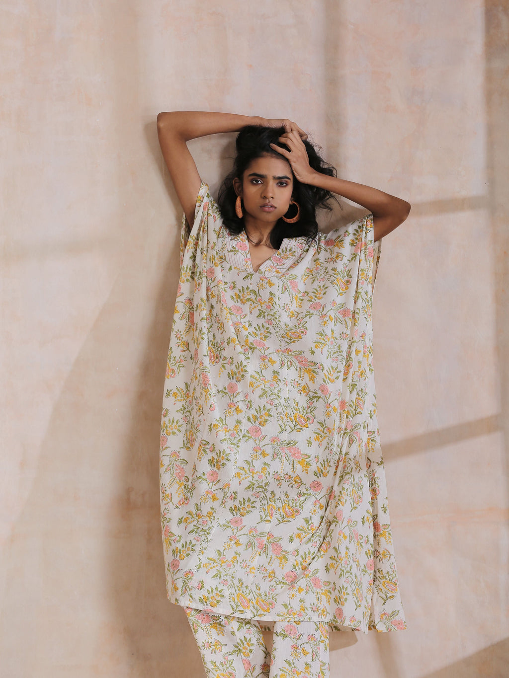 trueBrowns Pink Yellow Floral On White Block Print Cotton Panel Kaftan Kurta Pant Set