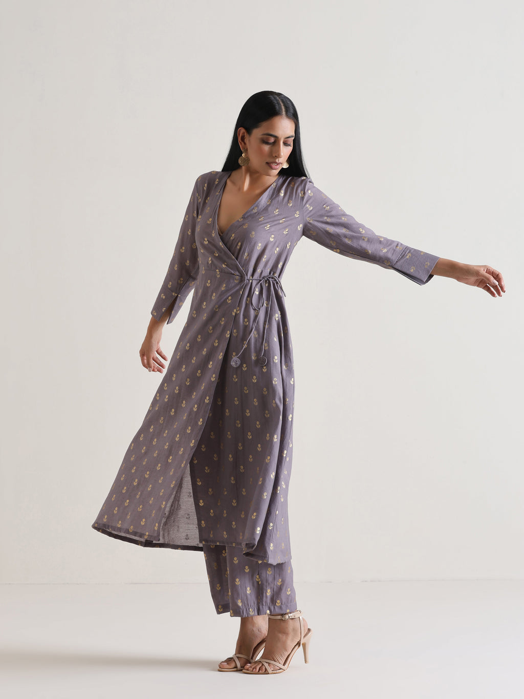 trueBrowns Plum Grey Foil Angrakha Kurta Set