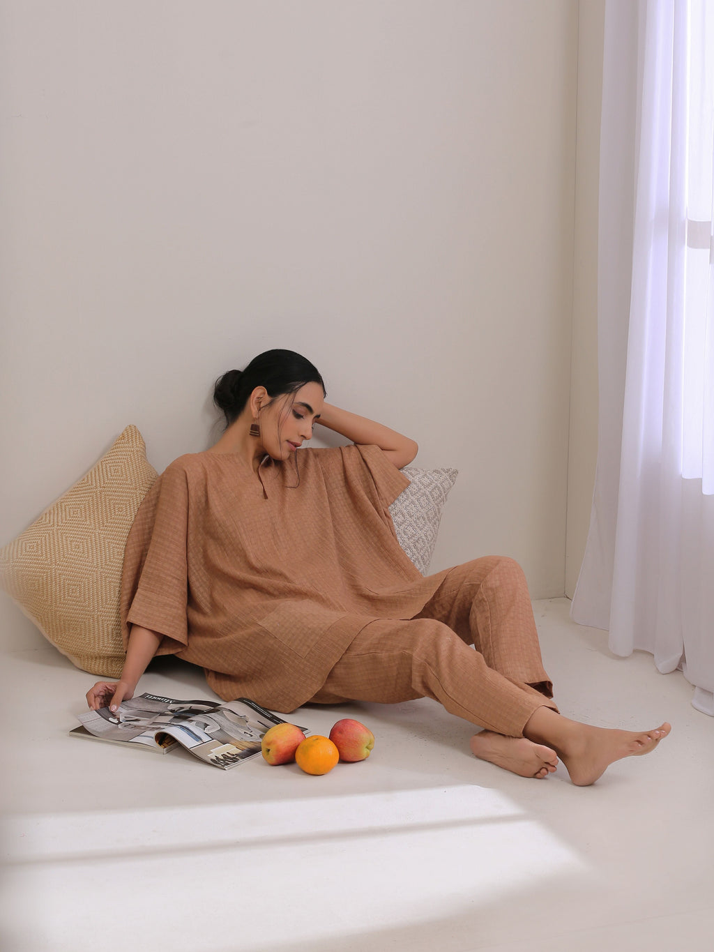 trueBrowns Beige Dobby Boxy Fit High-Low Co-Ord Set