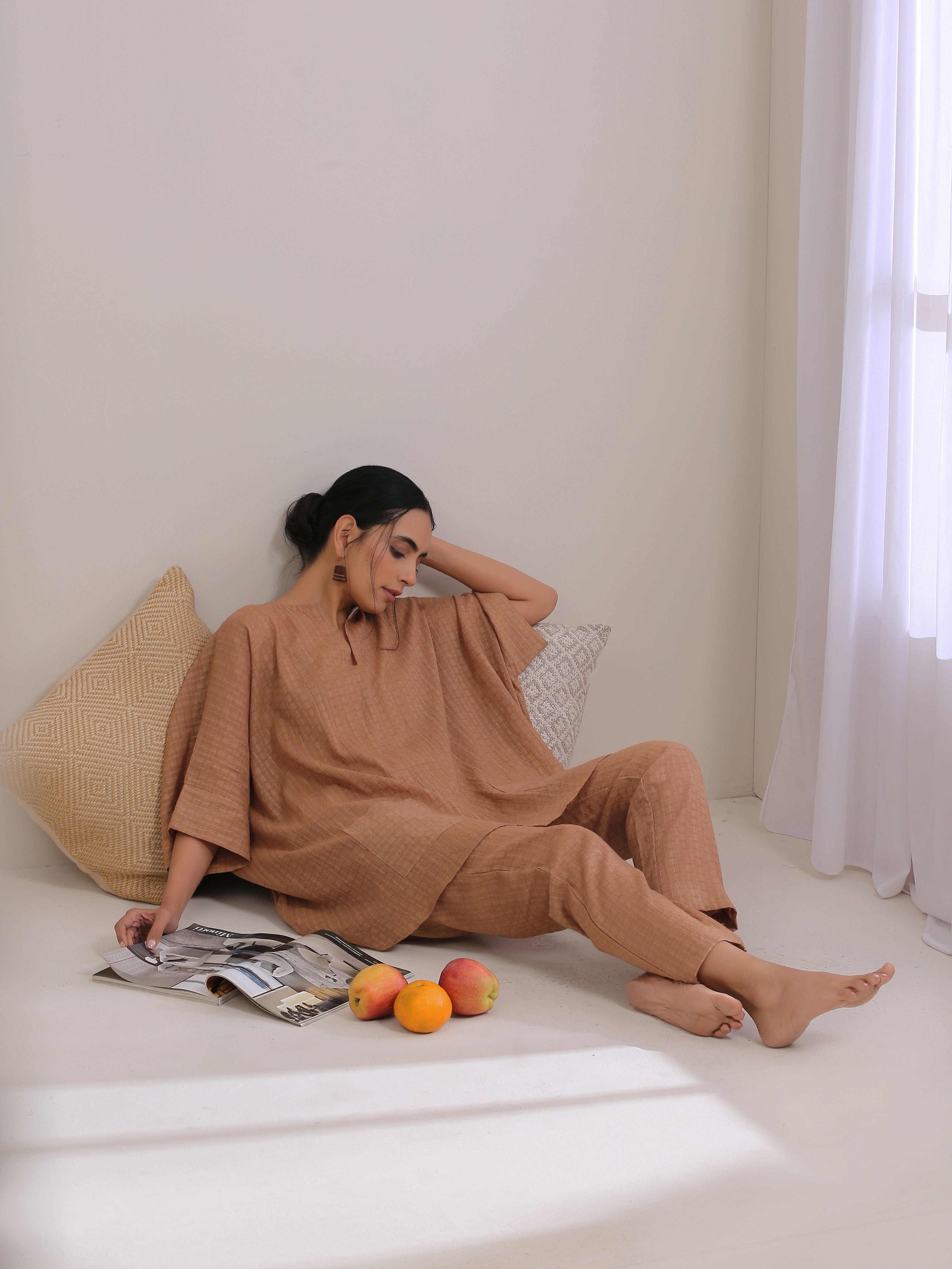 trueBrowns Beige Dobby Boxy Fit High-Low Co-Ord Set