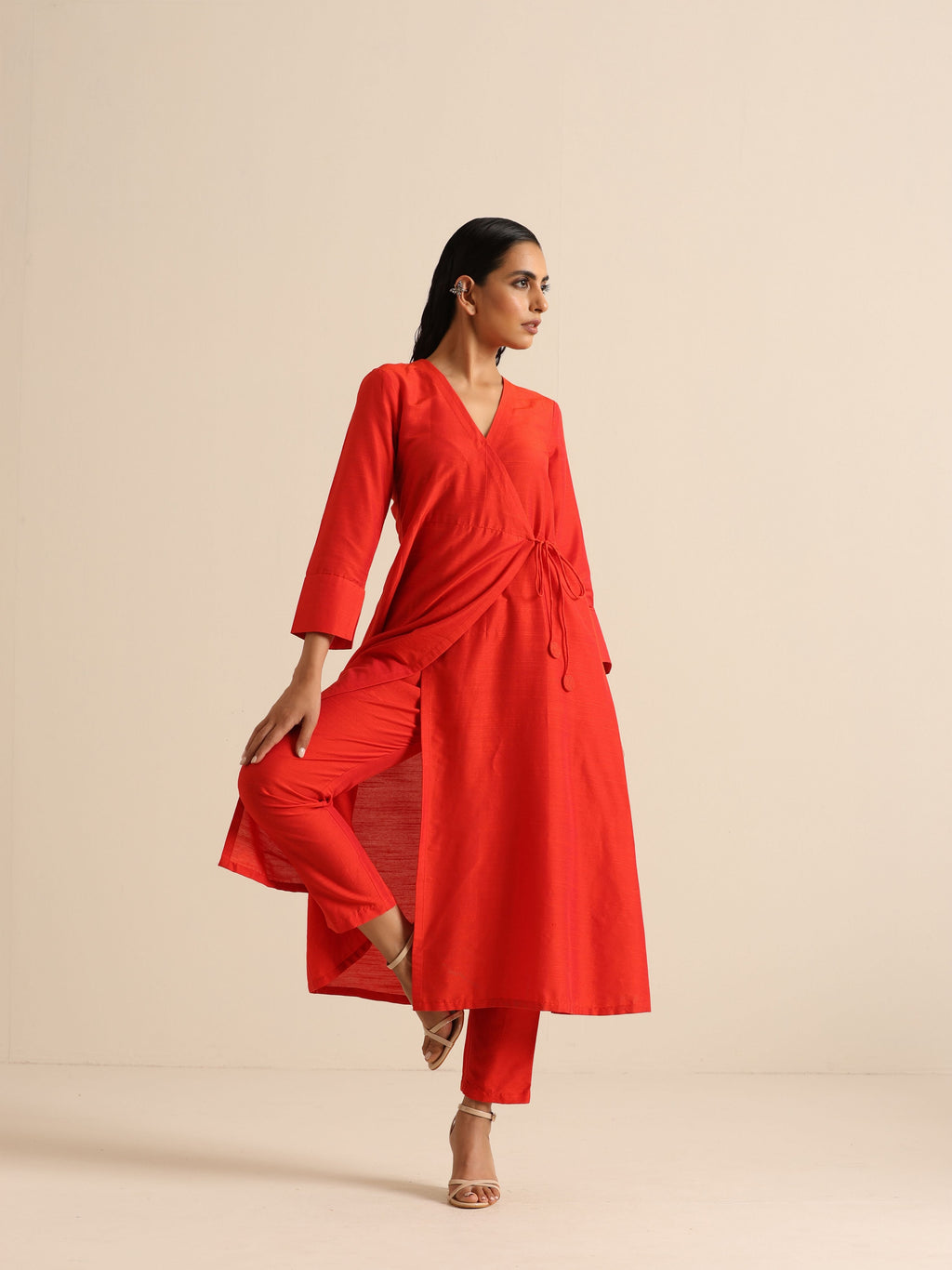 trueBrowns Orange Dupion Blend Angrakha Kurta Pant Set