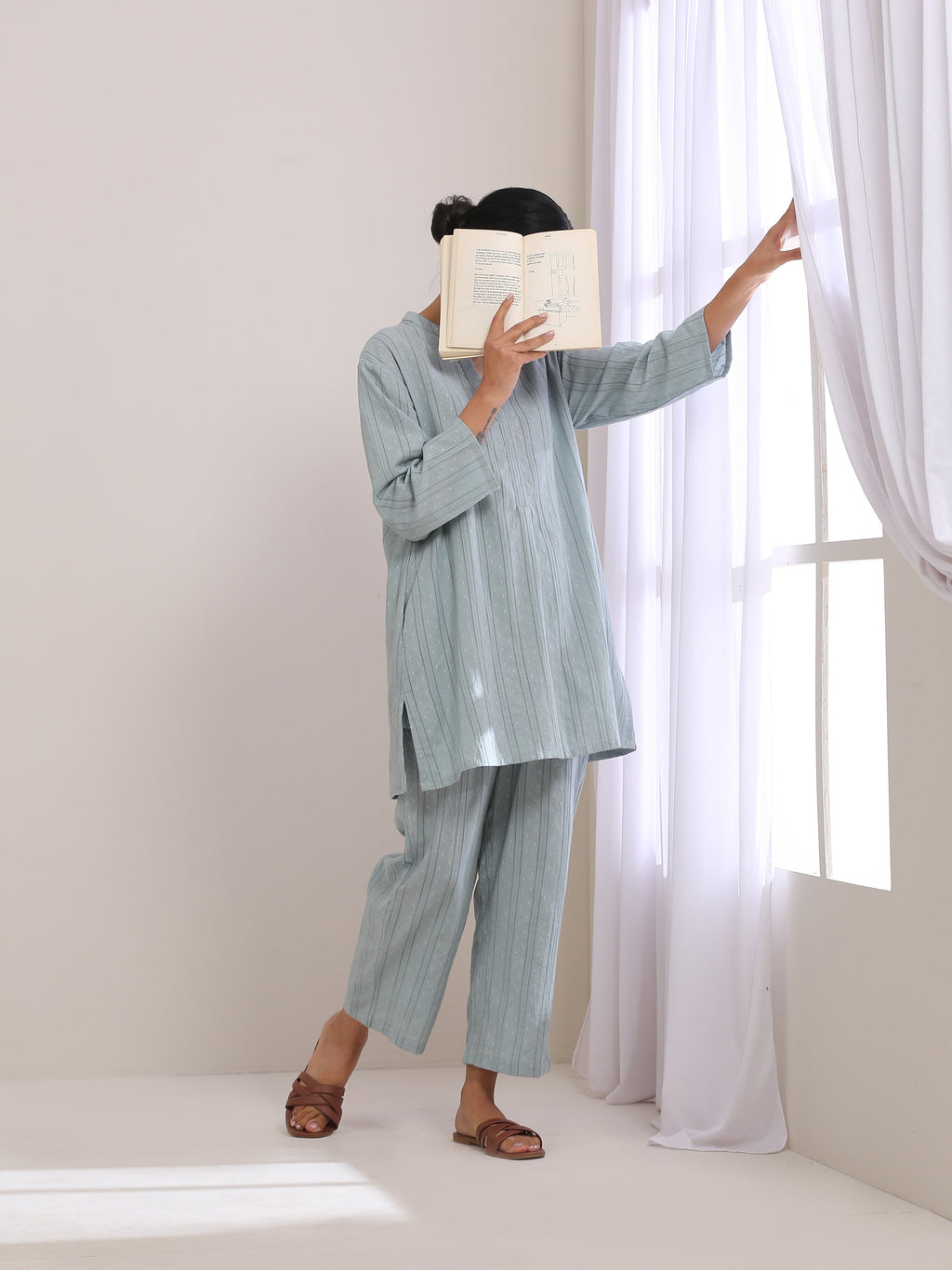 trueBrowns Eggshell Blue Dobby Relaxed Fit Co-Ord Set