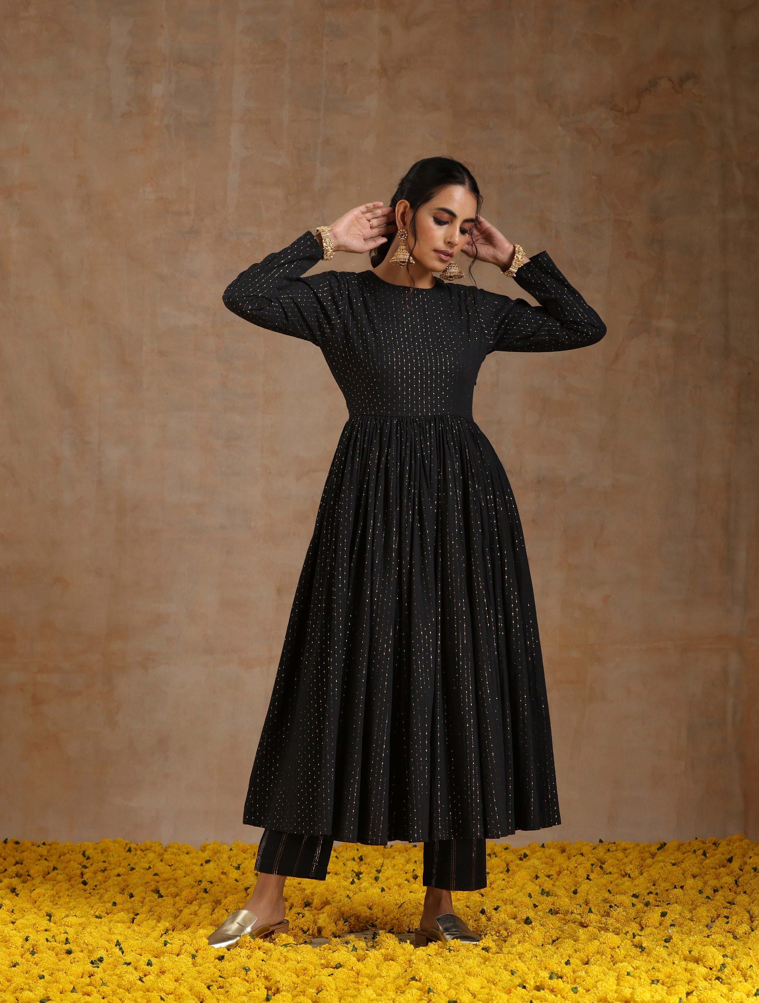 trueBrowns Black Gold Cotton Anarkali Set