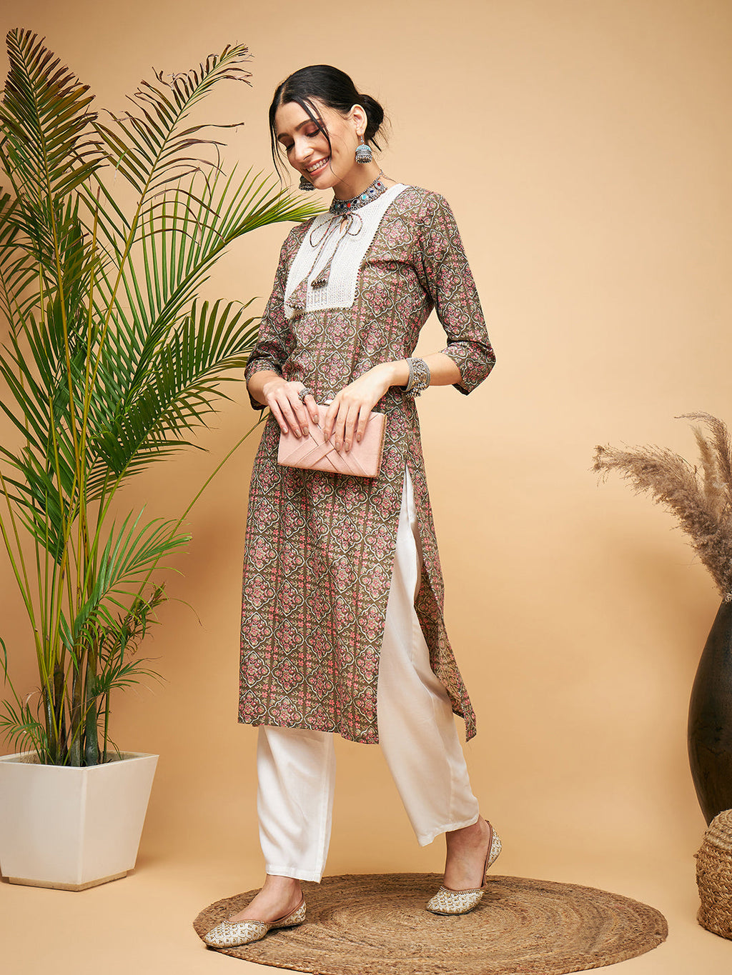 InWeave Women's Green Red Ajrakh Print Cotton Patch Work Straight Kurta