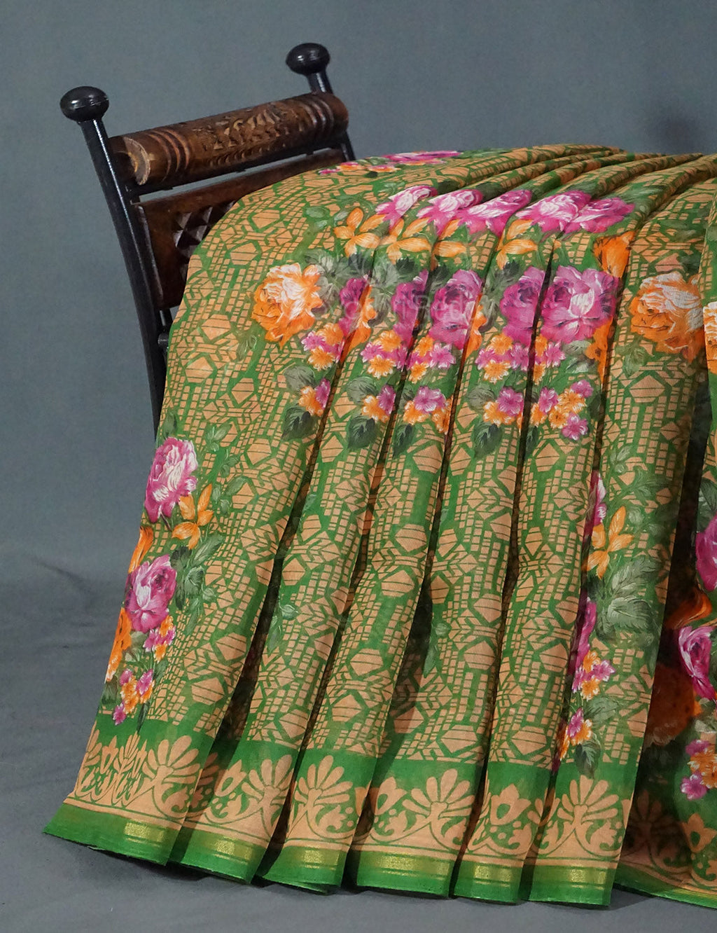 Shades of Parrot Green Colour Floral Design Semi Chanderi Saree By Gayathri Reddy Designer Studio
