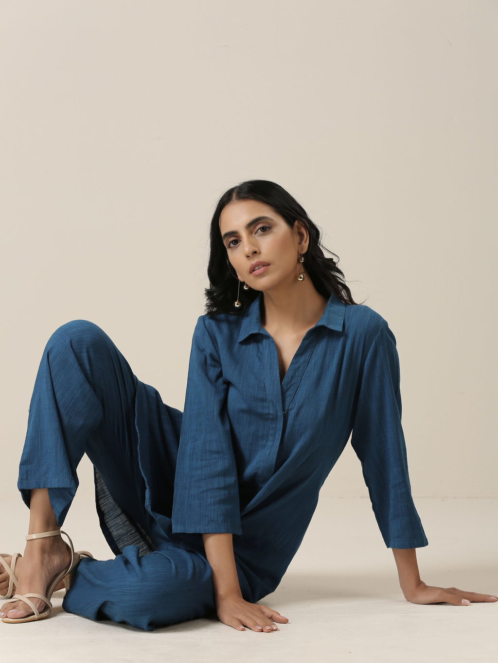 trueBrowns Classic Blue Slub Texture Collar Short Co-Ord Set