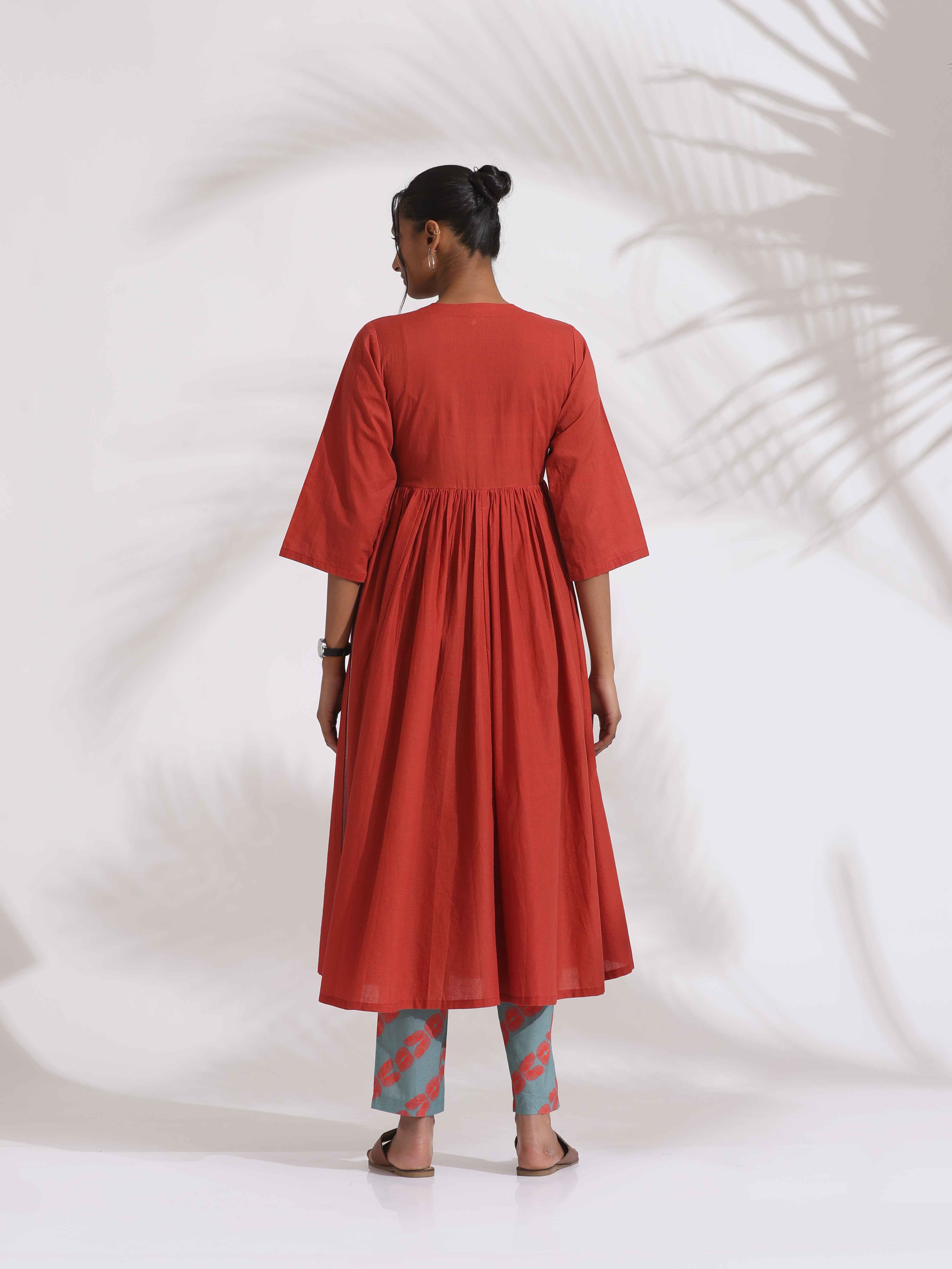trueBrowns Red Cotton Print Flared Kurta Set