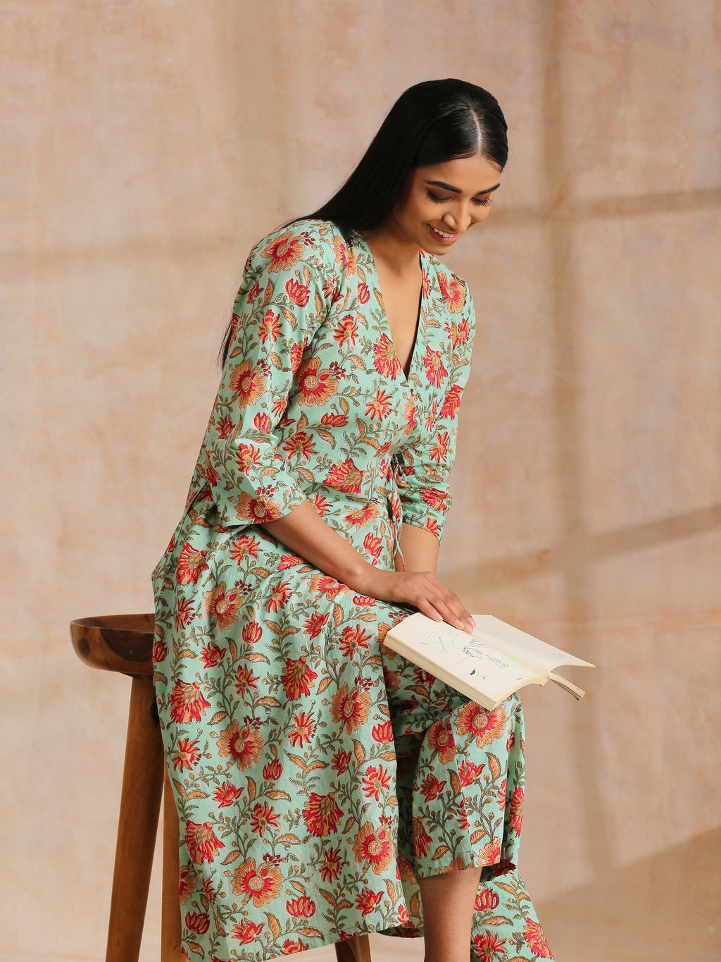 trueBrowns Seafoam Green Overall Floral Block Print Cotton Angrakha Pant Set