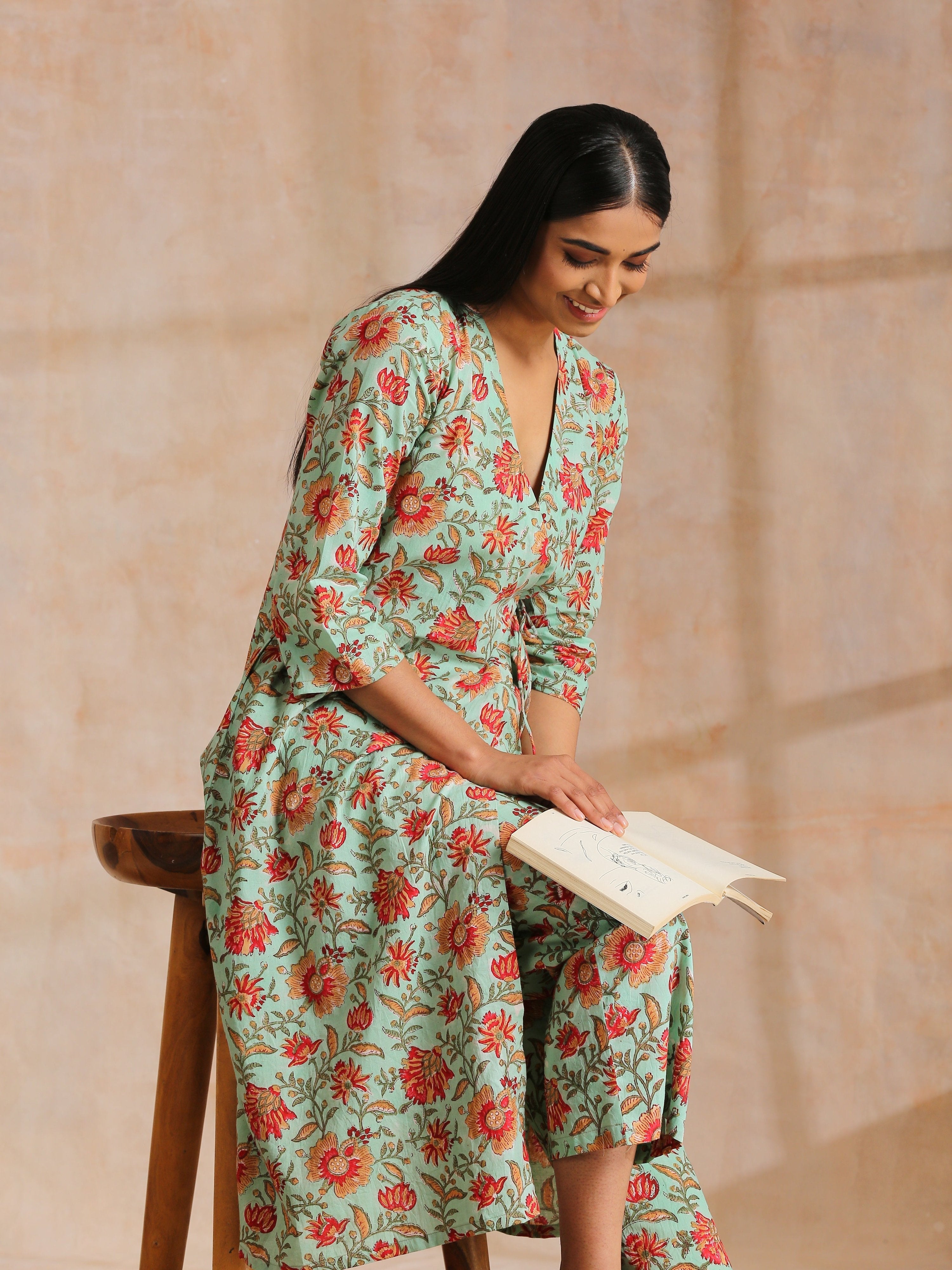 trueBrowns Seafoam Green Overall Floral Block Print Cotton Angrakha Pant Set