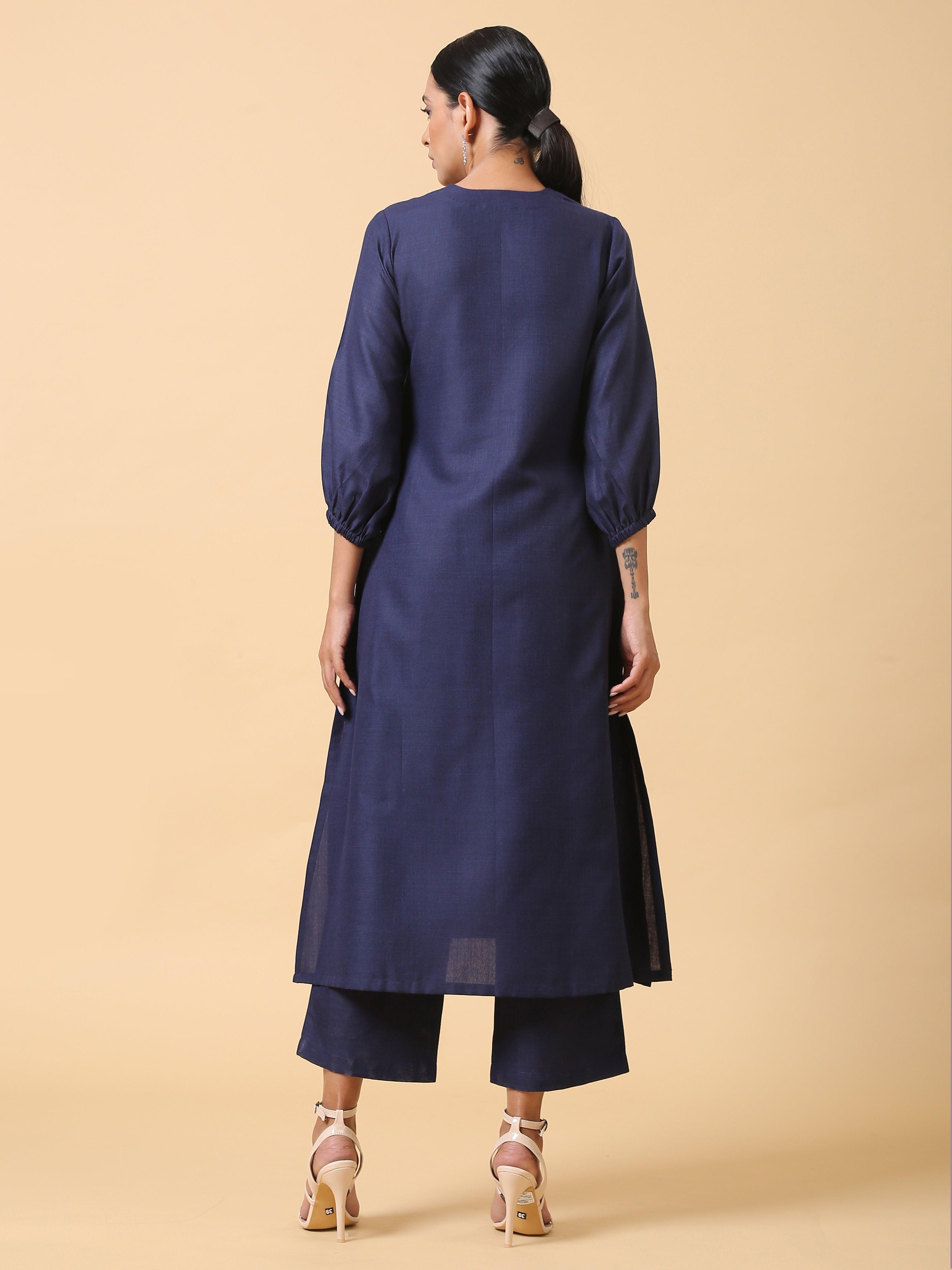 trueBrowns Cotton Linen Dark Blue Kurta Pant Set