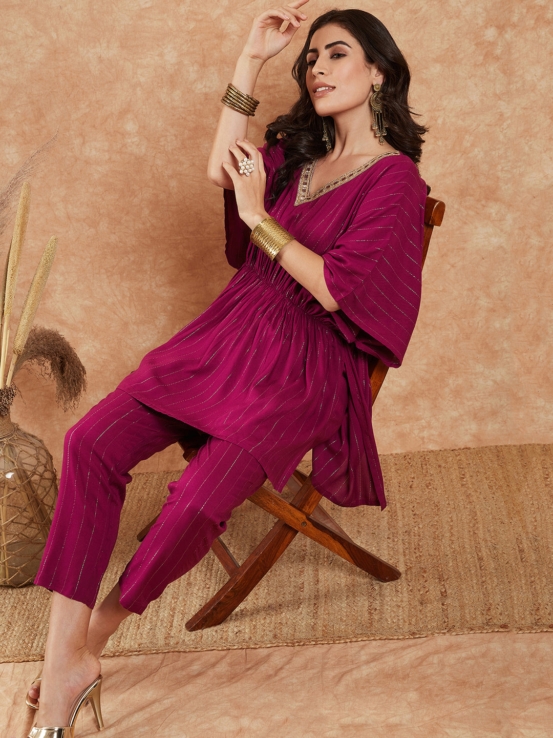 InWeave Women's Magenta Lurex V Neck Gota Kaftan Style Kurta Set