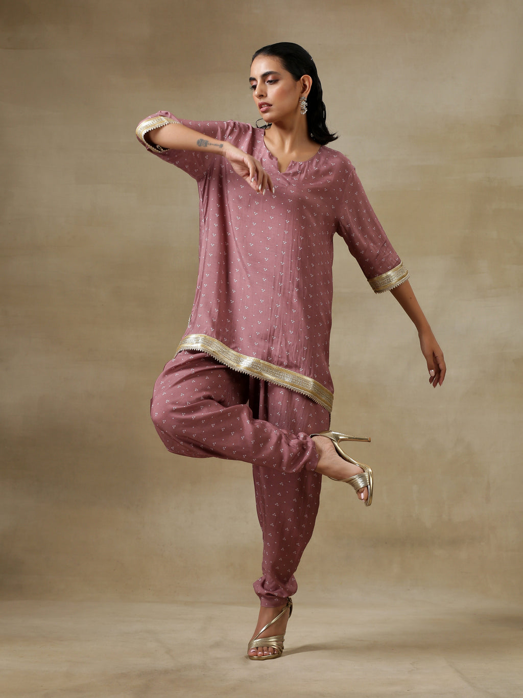 trueBrowns Dark Mauve Bandhani Printed Silk Loose Kurta Dhoti Pant Set