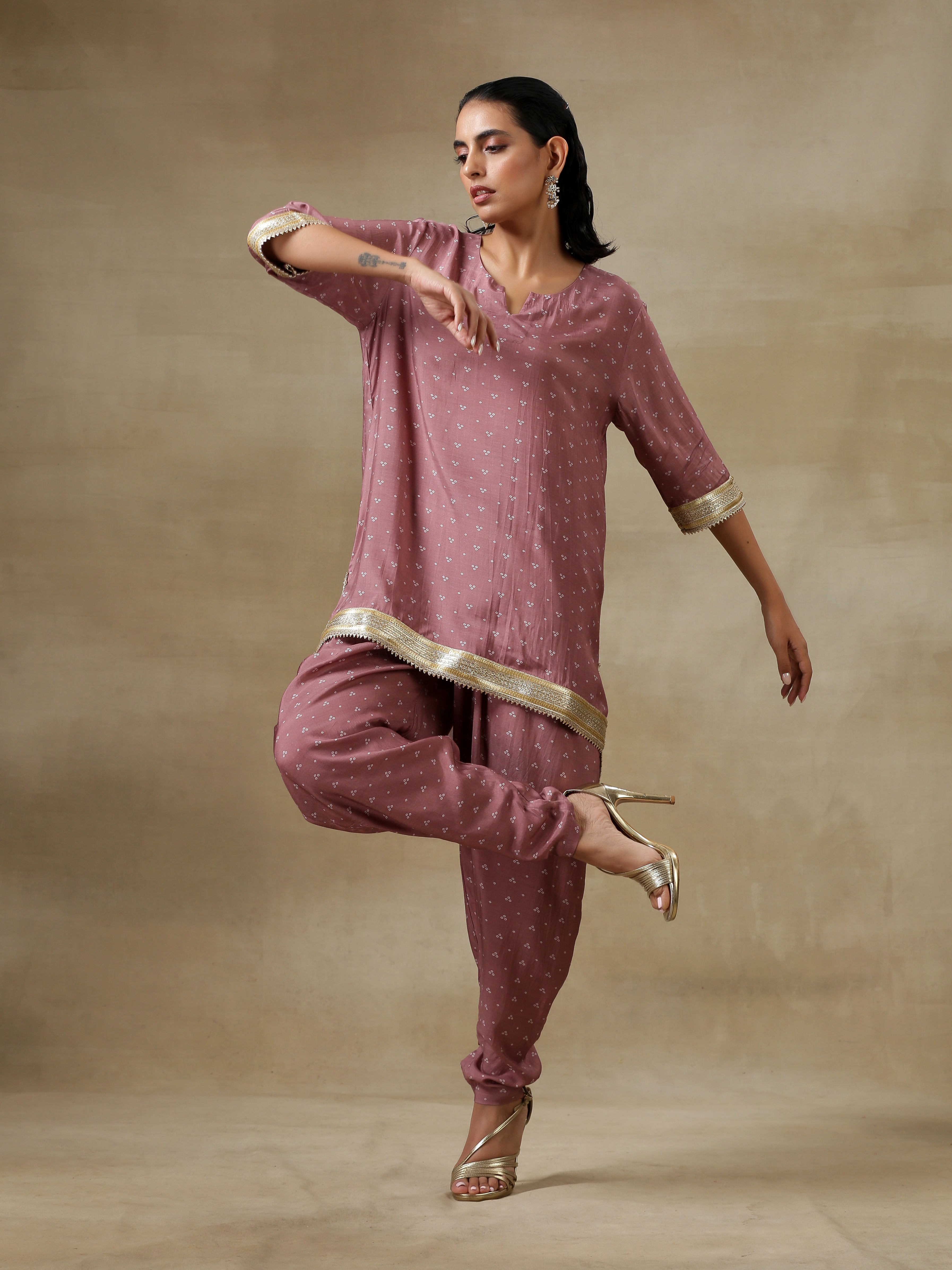 trueBrowns Dark Mauve Bandhani Printed Silk Loose Kurta Dhoti Pant Set