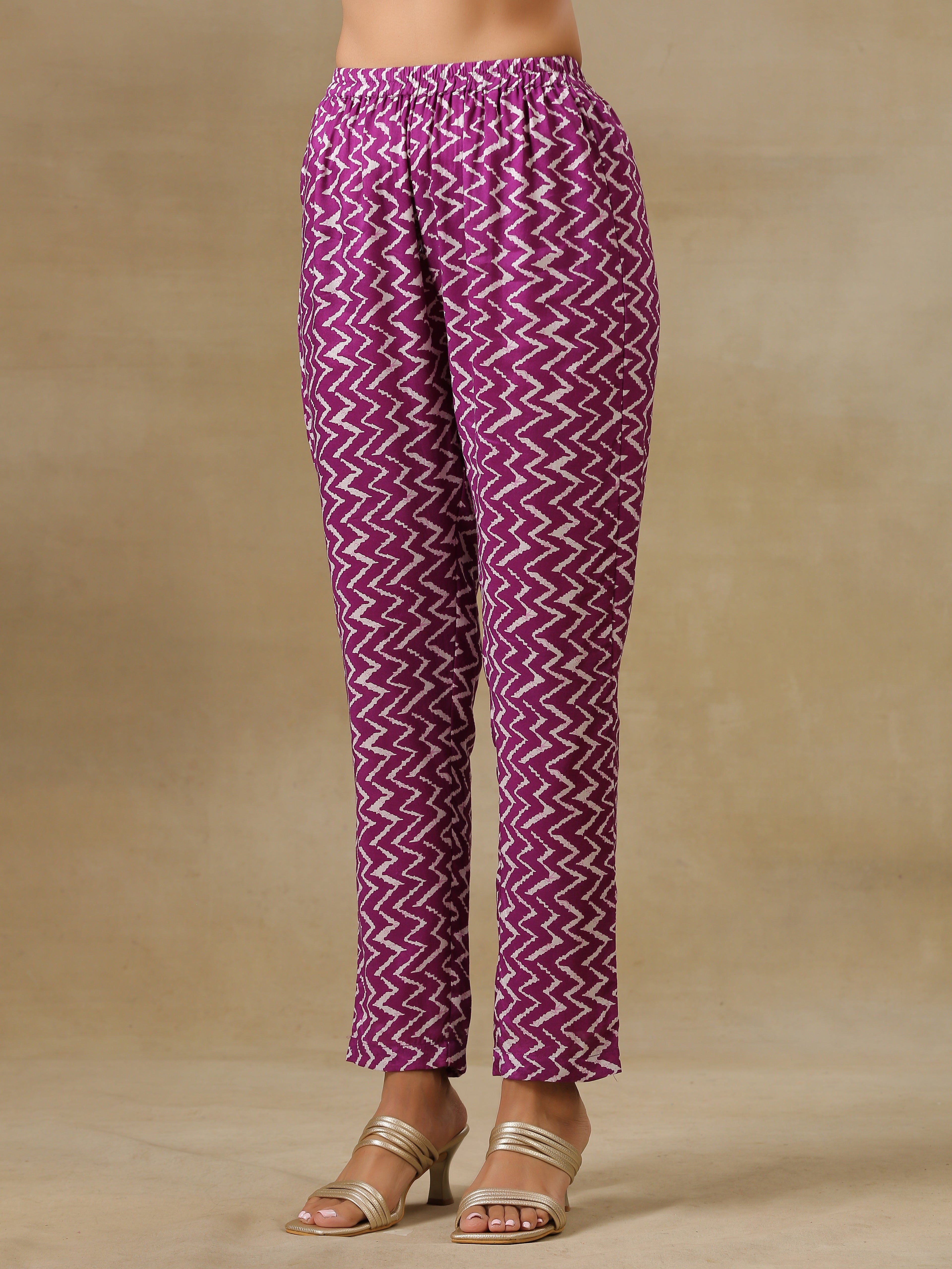 trueBrowns Purple Bandhani Printed Silk One Shoulder Kurta Pant Set