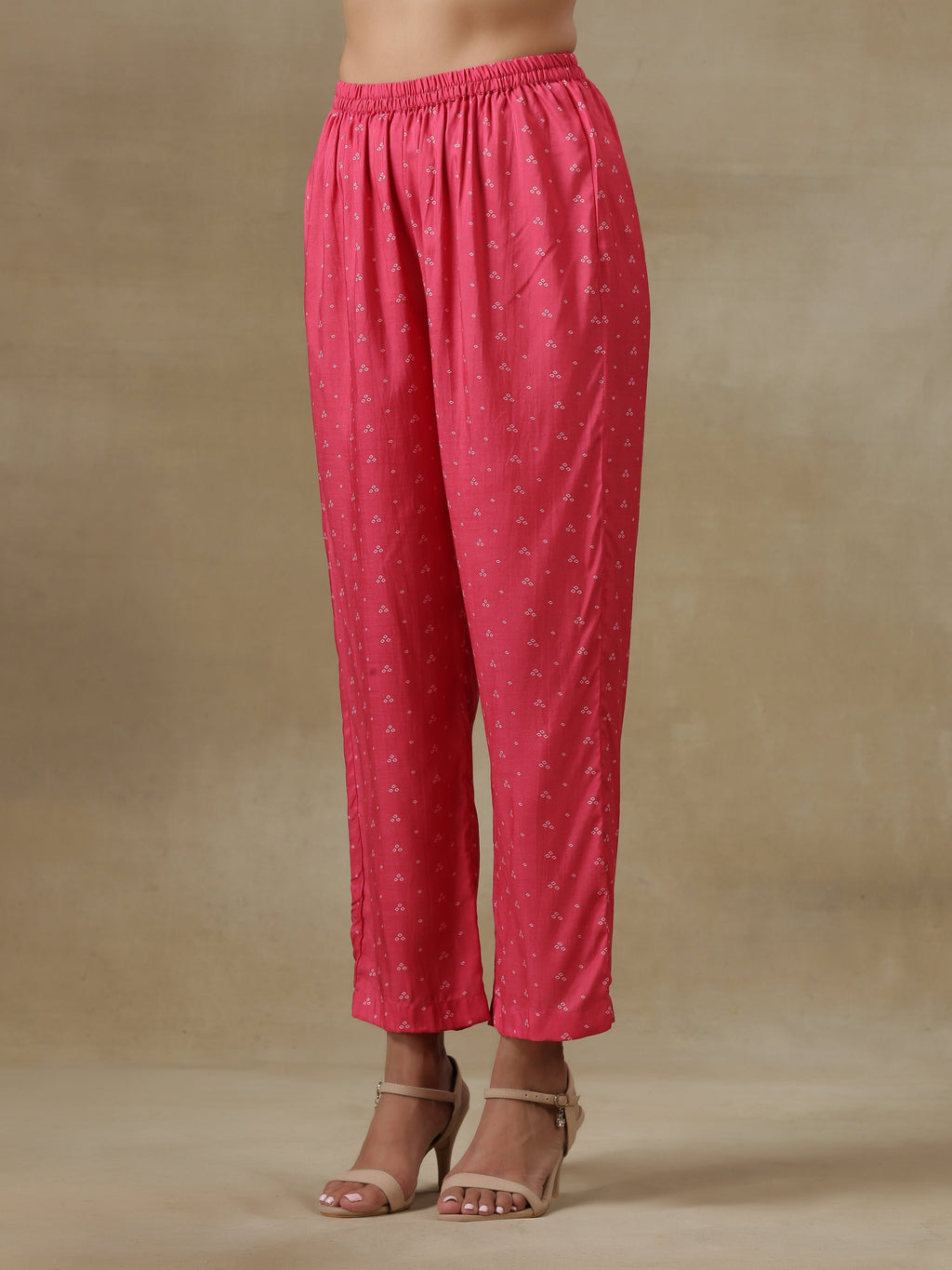 trueBrowns Pink Bandhani Printed Silk Gathered Sleeve Co-Ord Set