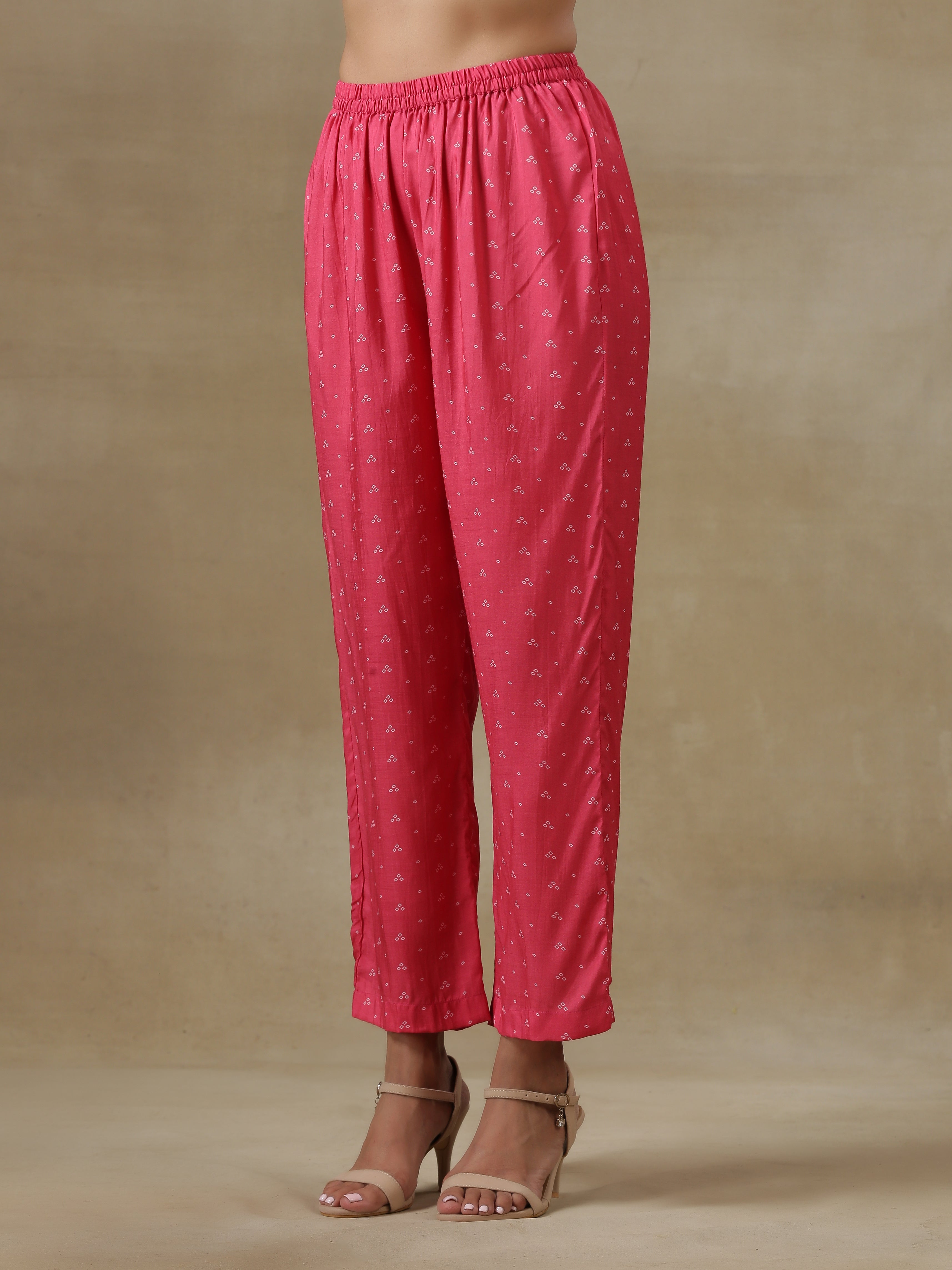 trueBrowns Pink Bandhani Printed Silk Gathered Sleeve Co-Ord Set