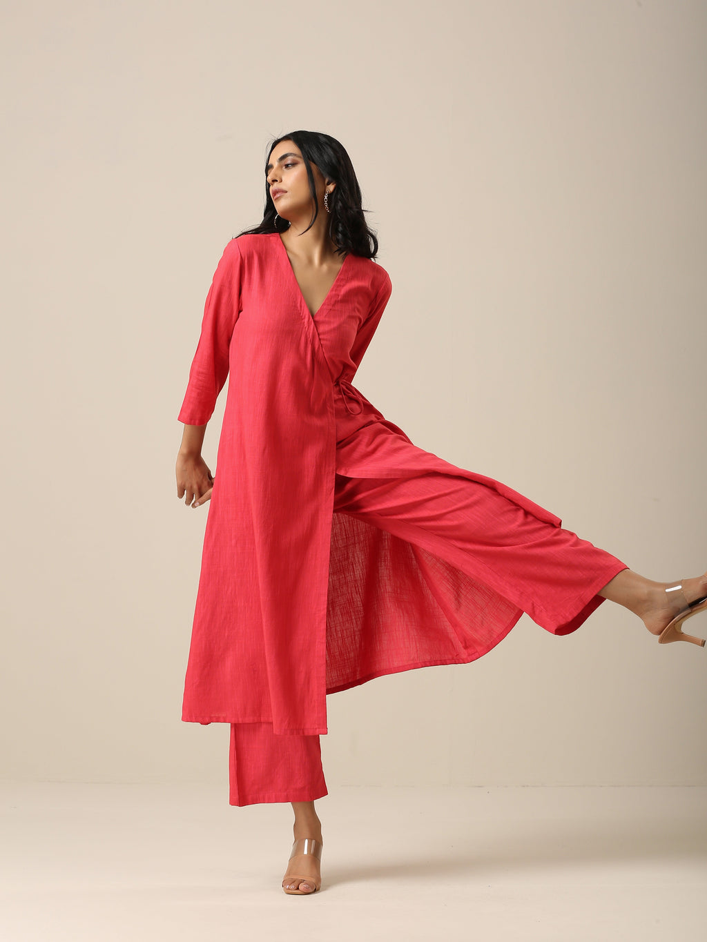 trueBrowns Bright Pink Slub Texture Angrakha Pant Set