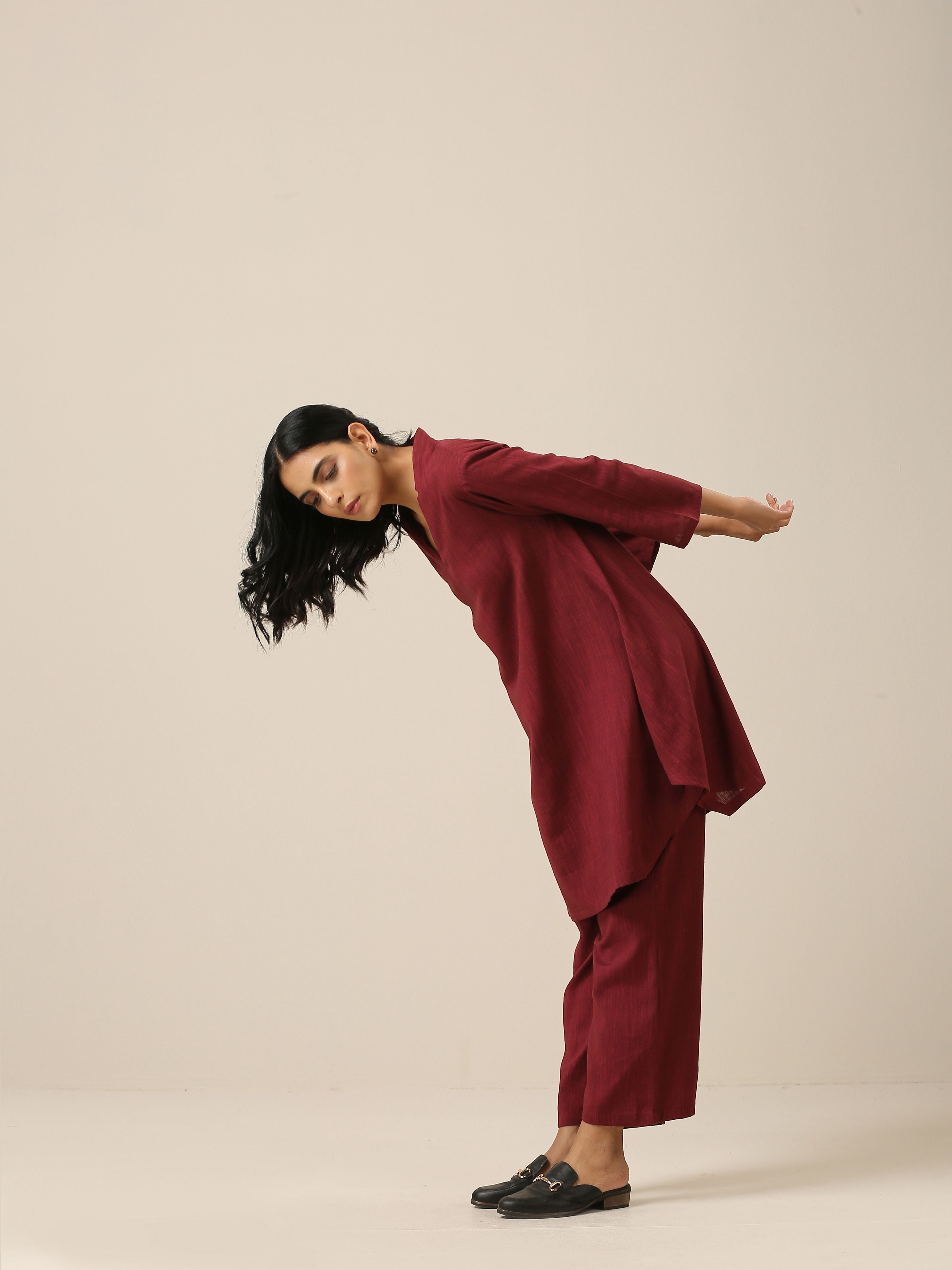 trueBrowns Ruby Wine Slub Textured Collar Co-Ord Set
