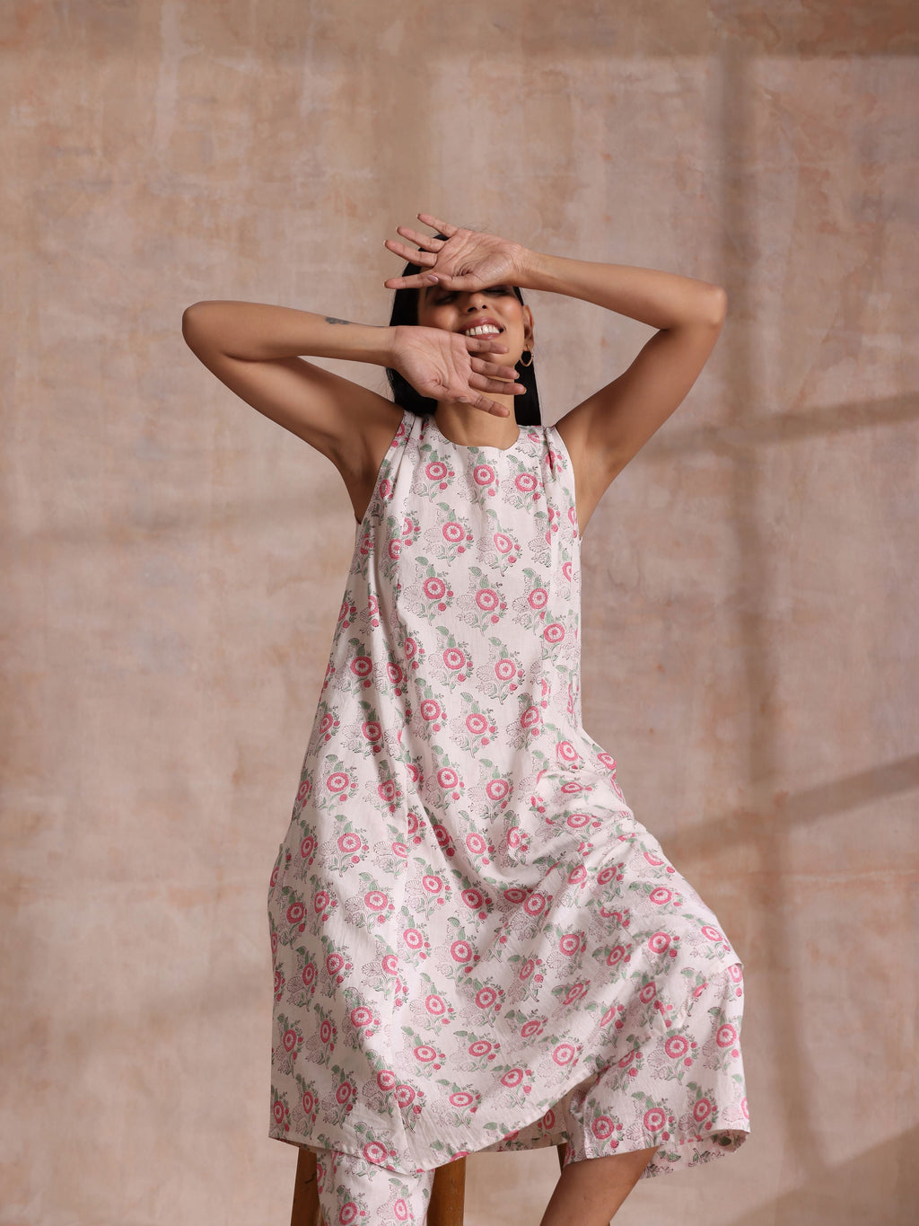 trueBrowns Pink Green Buta On White Block Print Cotton High-Low Co-Ord Set