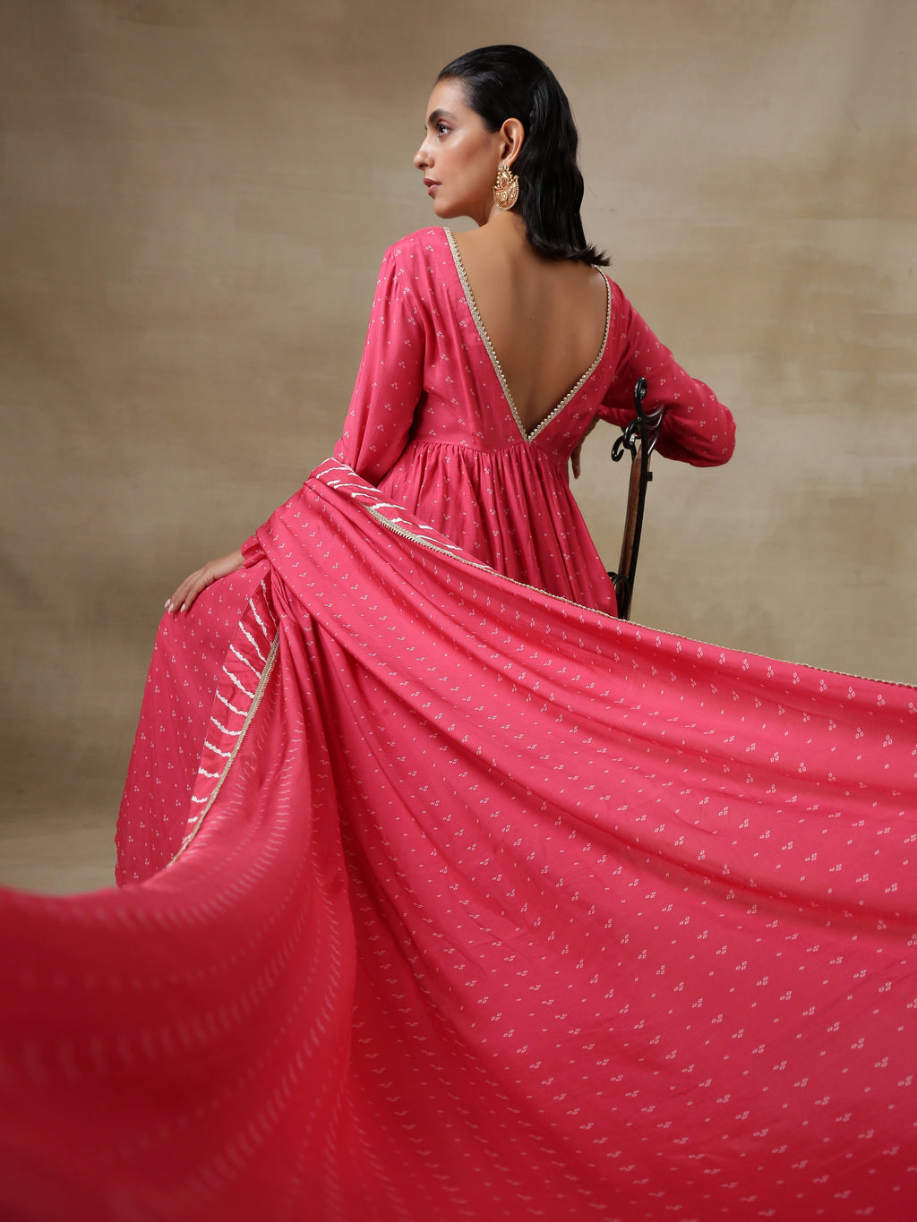 trueBrowns Pink Bandhani Printed Silk Anarkali Kurta Pant Dupatta Set