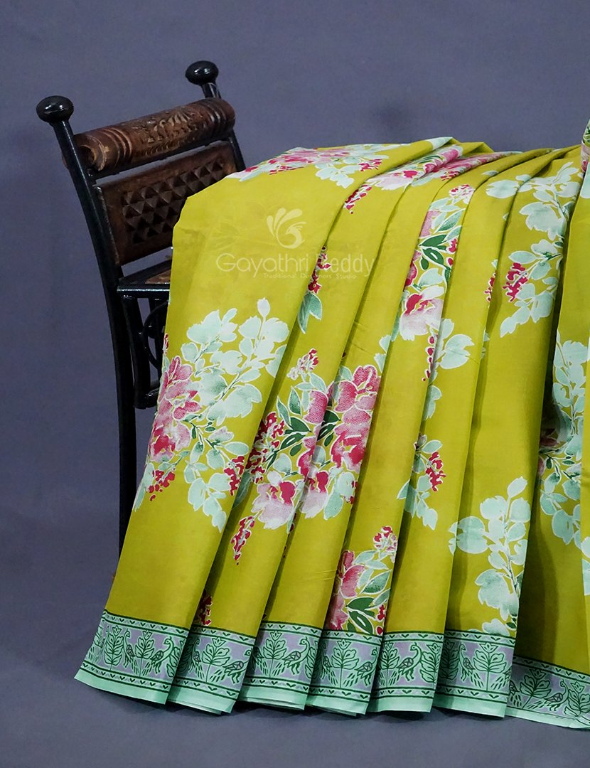 Lime Greencolour Block Print Pure Mulmul Cotton Saree By Gayathri Reddy Designer Studio
