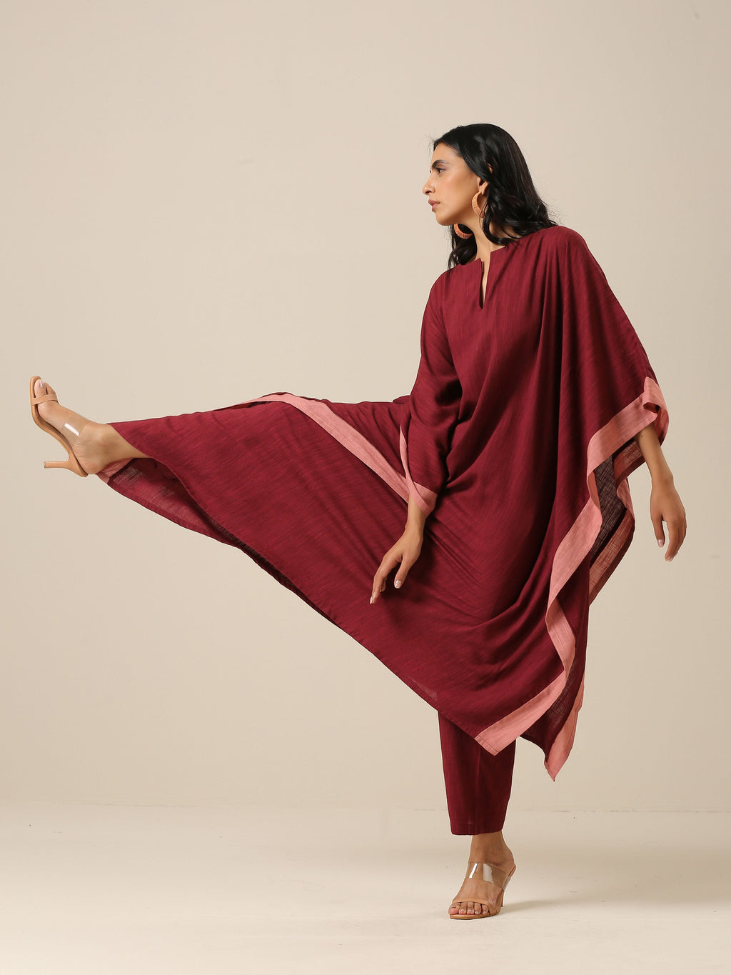 trueBrowns Ruby Wine Slub Texture High Low Kaftan Pant Set