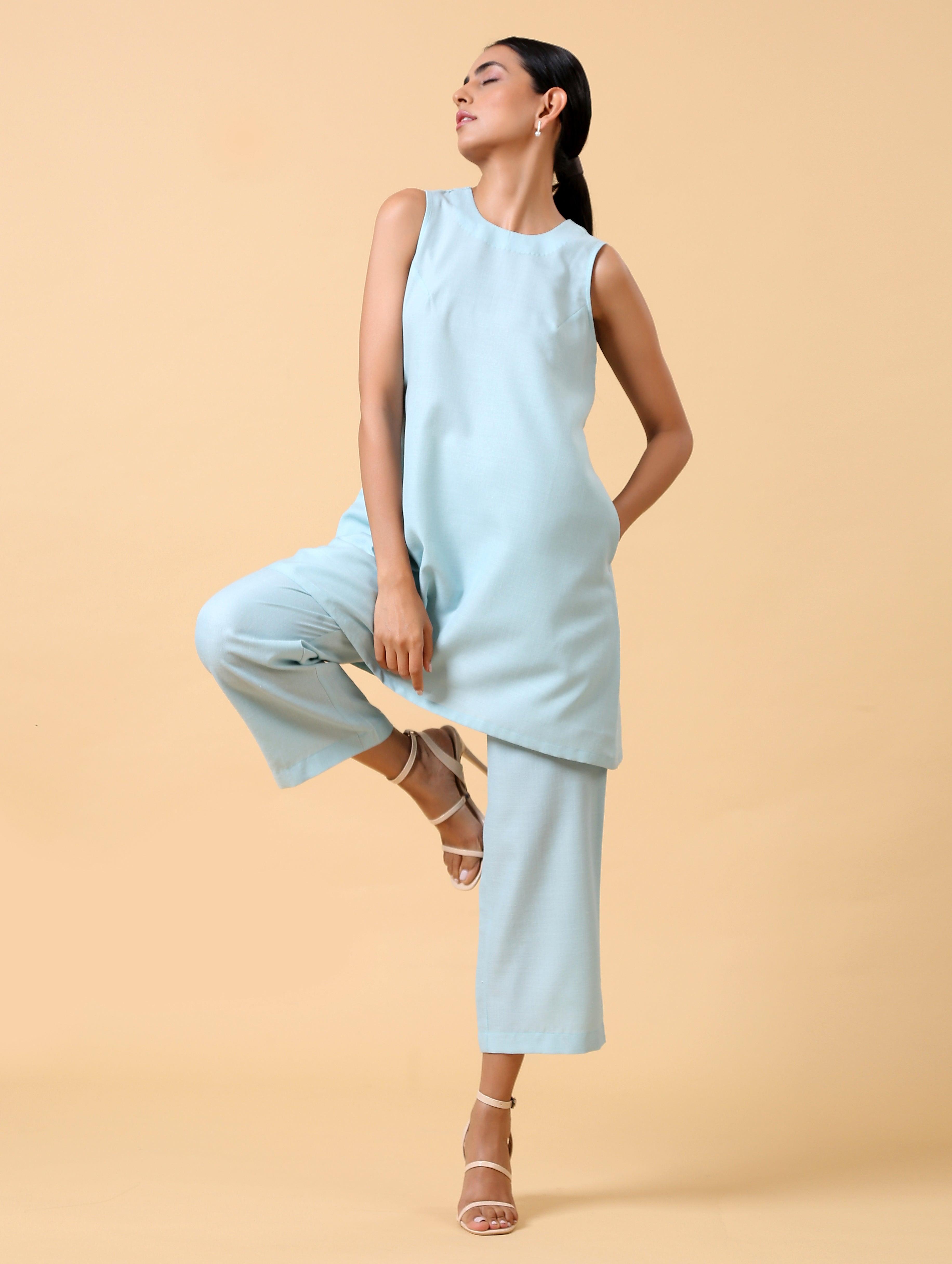 trueBrowns Cotton Linen Light Blue Sleeveless Co-Ord Set
