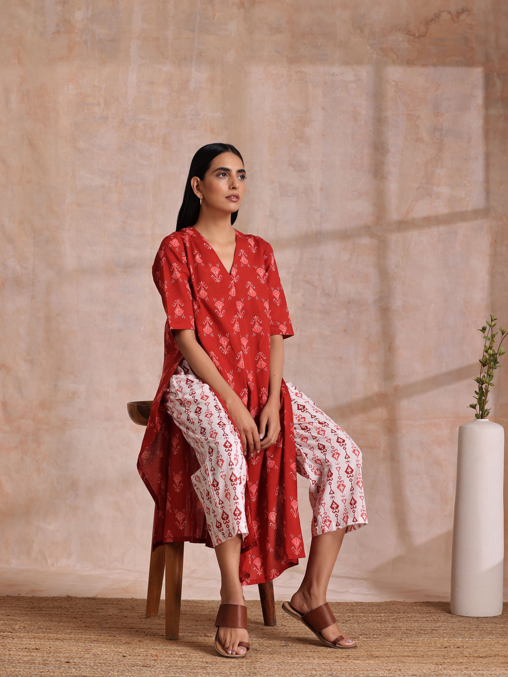 trueBrowns Red On Red Ikat Print Cotton Kurta Pant Set
