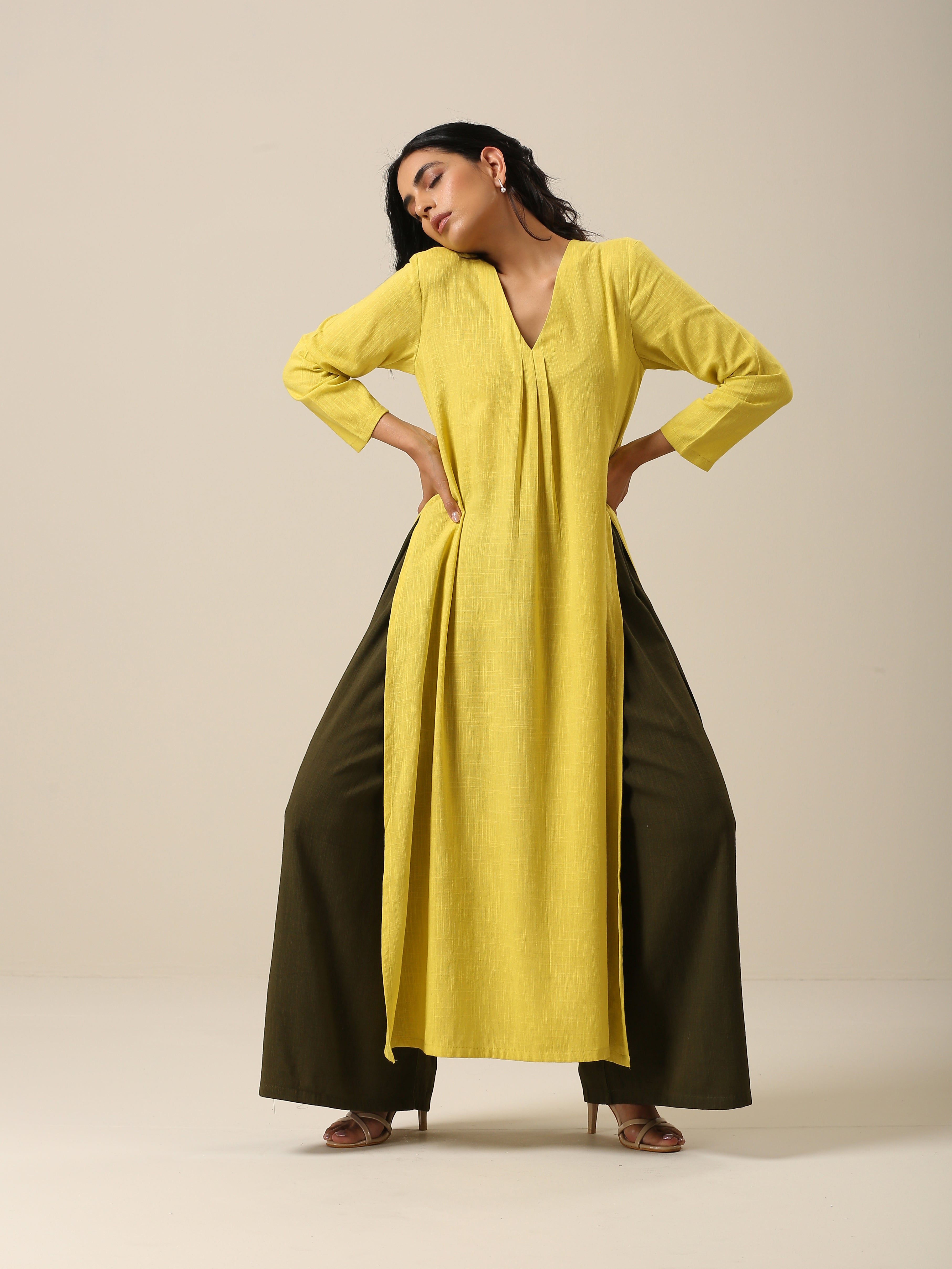 trueBrowns Lime Slub Texture Slit Kurta Palazzo Set
