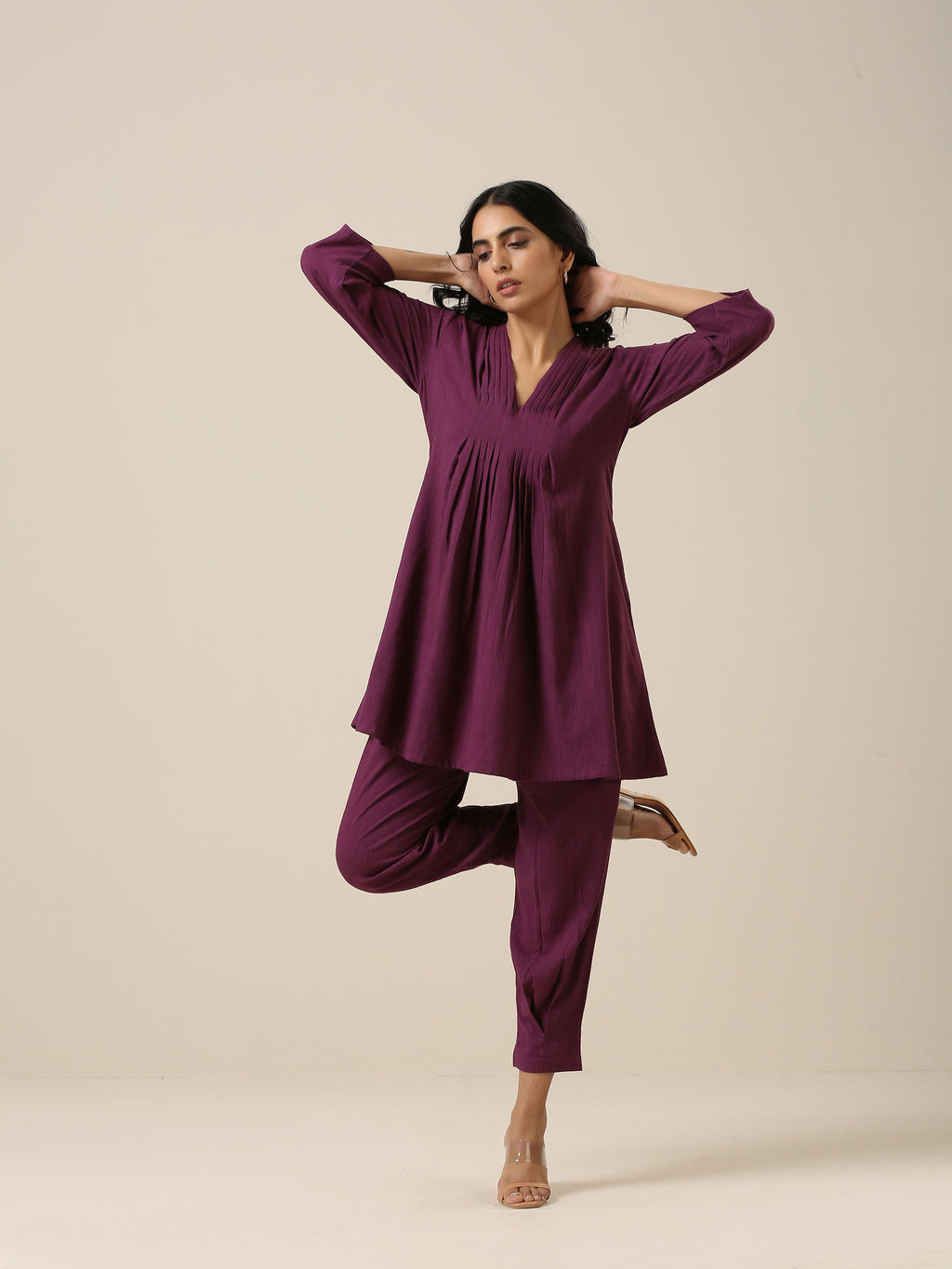 trueBrowns Plum Purple Slub Texture Pleated Co-Ord Set