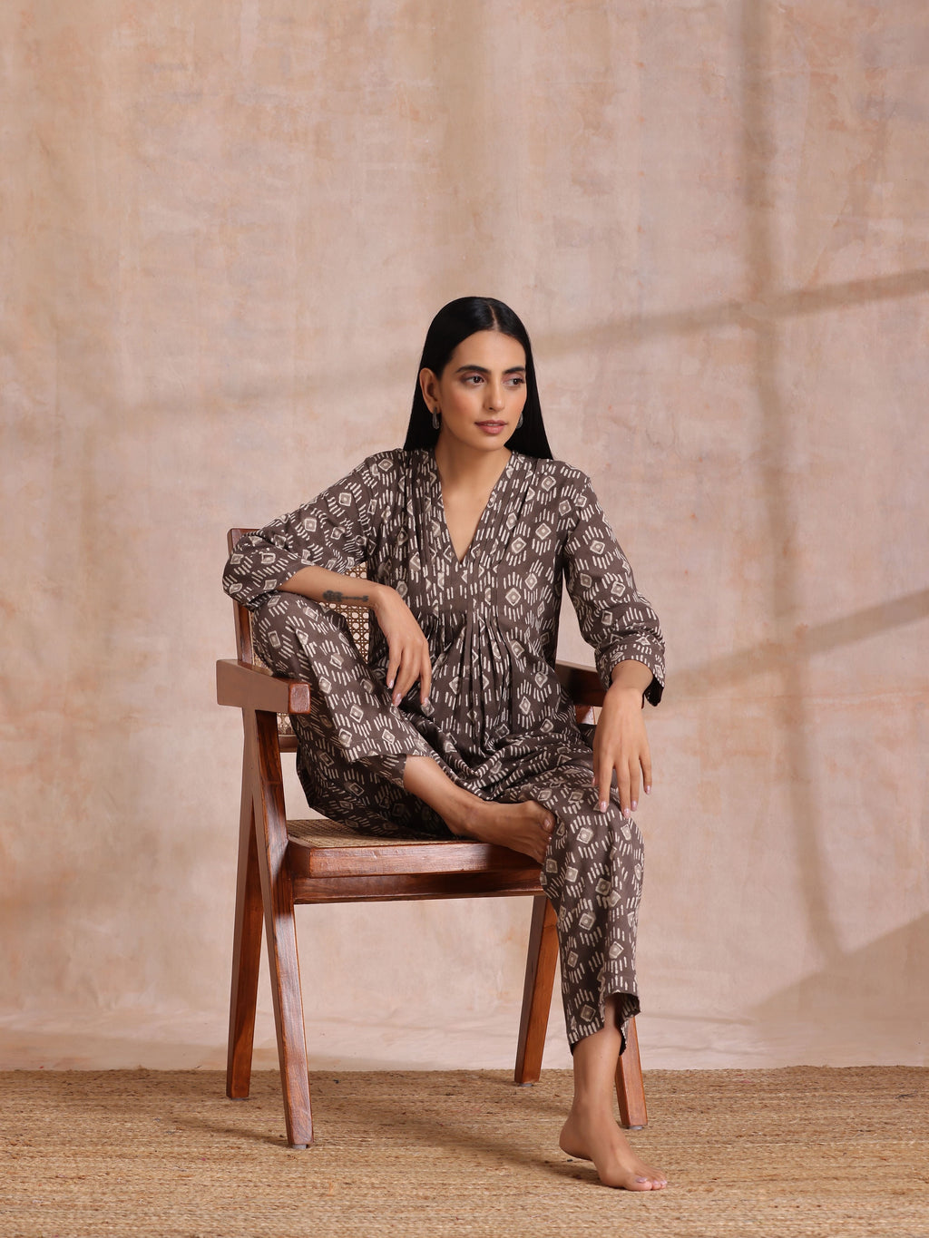 trueBrowns Clay Dabu Geometric Print Cotton Pleated Co-Ord Set