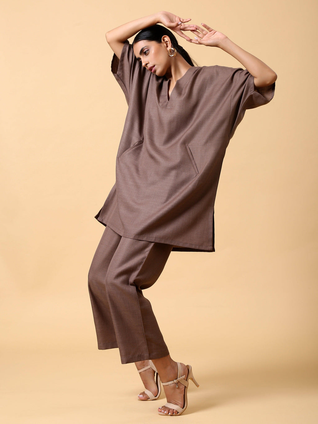 trueBrowns Cotton Linen Burnt Brown Boxy Fit Co-Ord Set