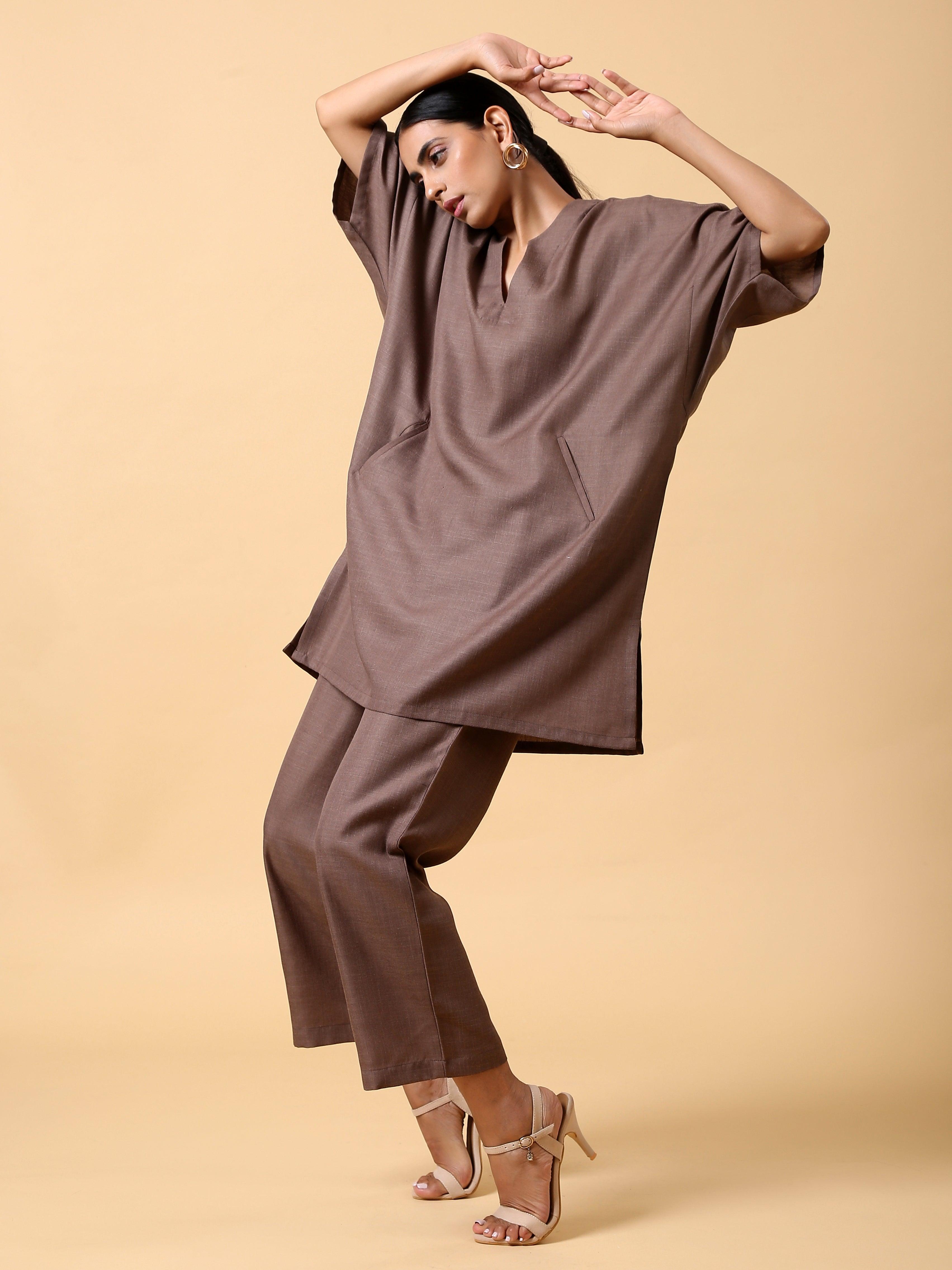 trueBrowns Cotton Linen Burnt Brown Boxy Fit Co-Ord Set